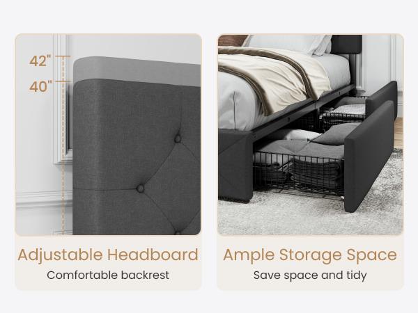 SHA CERLIN Platform Storage Bed Frame with 4 Drawers【Frame Only No Mattress】Adjustable Upholstered Headboard with Button Tufted Design,Wooden Slat Support,No Box Spring Needed,Full/Queen/King #ChristmasGifts#TikTokShopBlackFriday