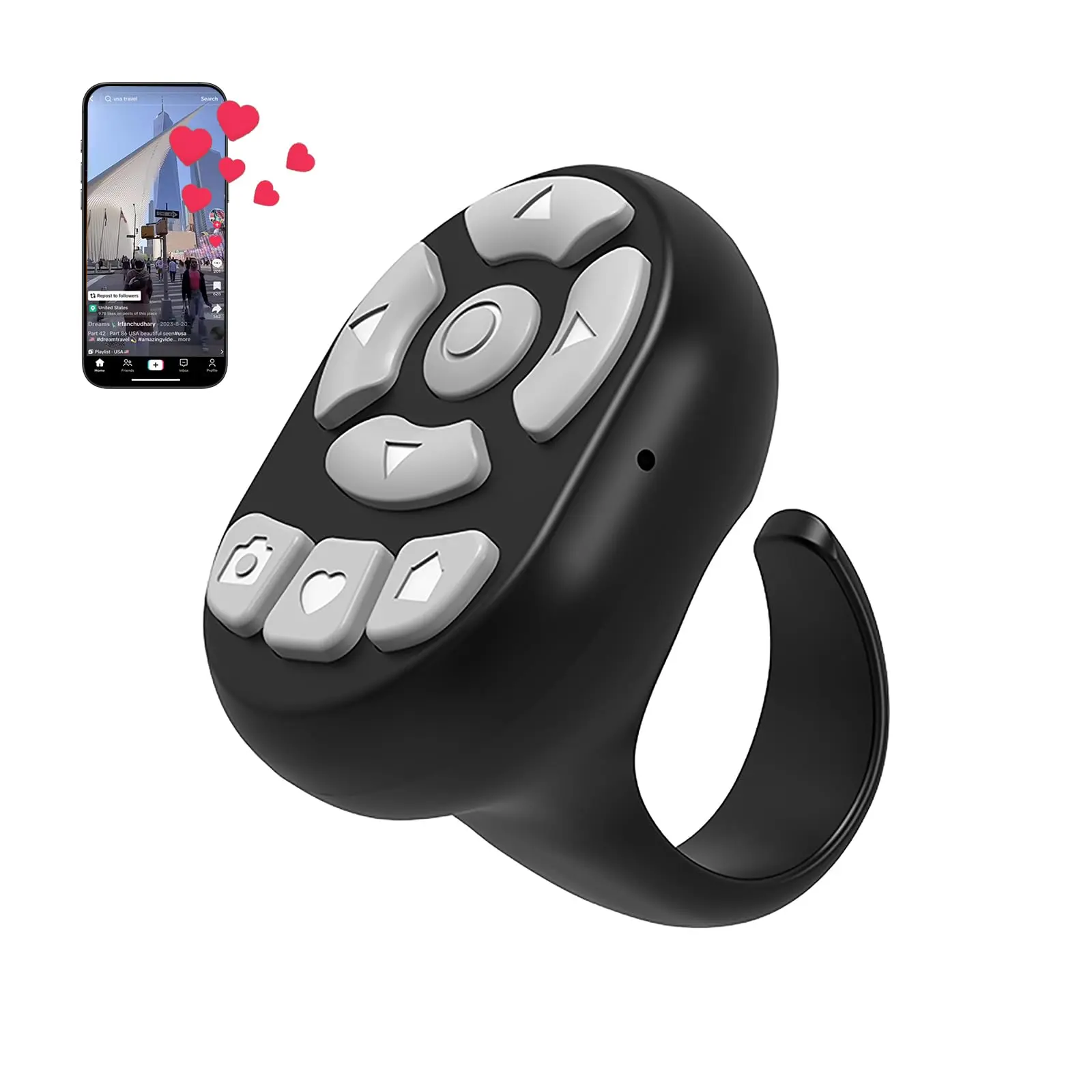 Black Ring-Shape Bluetooth Scrolling Ring - Wireless Fingertip Remote Controller for Billiards Sports Accessories, Music App Remote, TikTok, Page Turner, Camera Recording (iOS, Android, Kindle) - Cool Gadgets, One Size