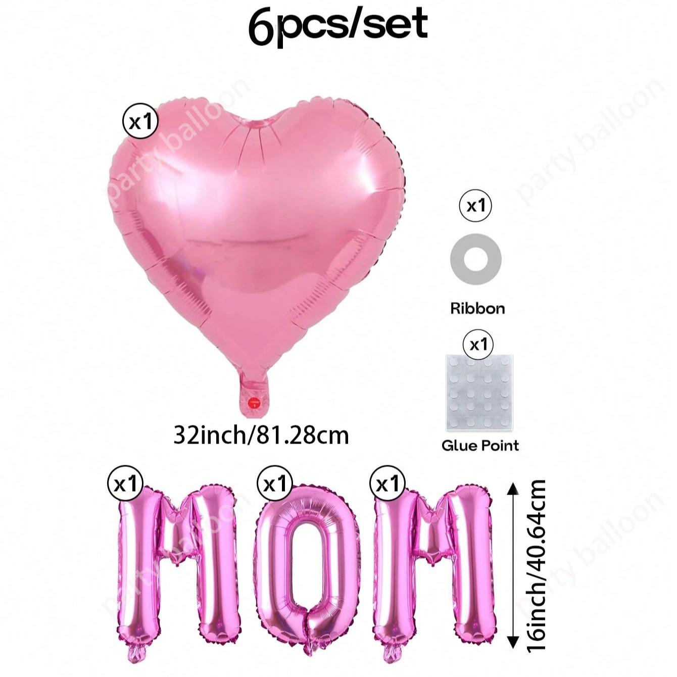 6 Heart Foil Balloons Set, Mother's Day Gift, 32 Inch Love Heart, 16 Inch Mom Letter, Home Decor, Party Props, Store Display