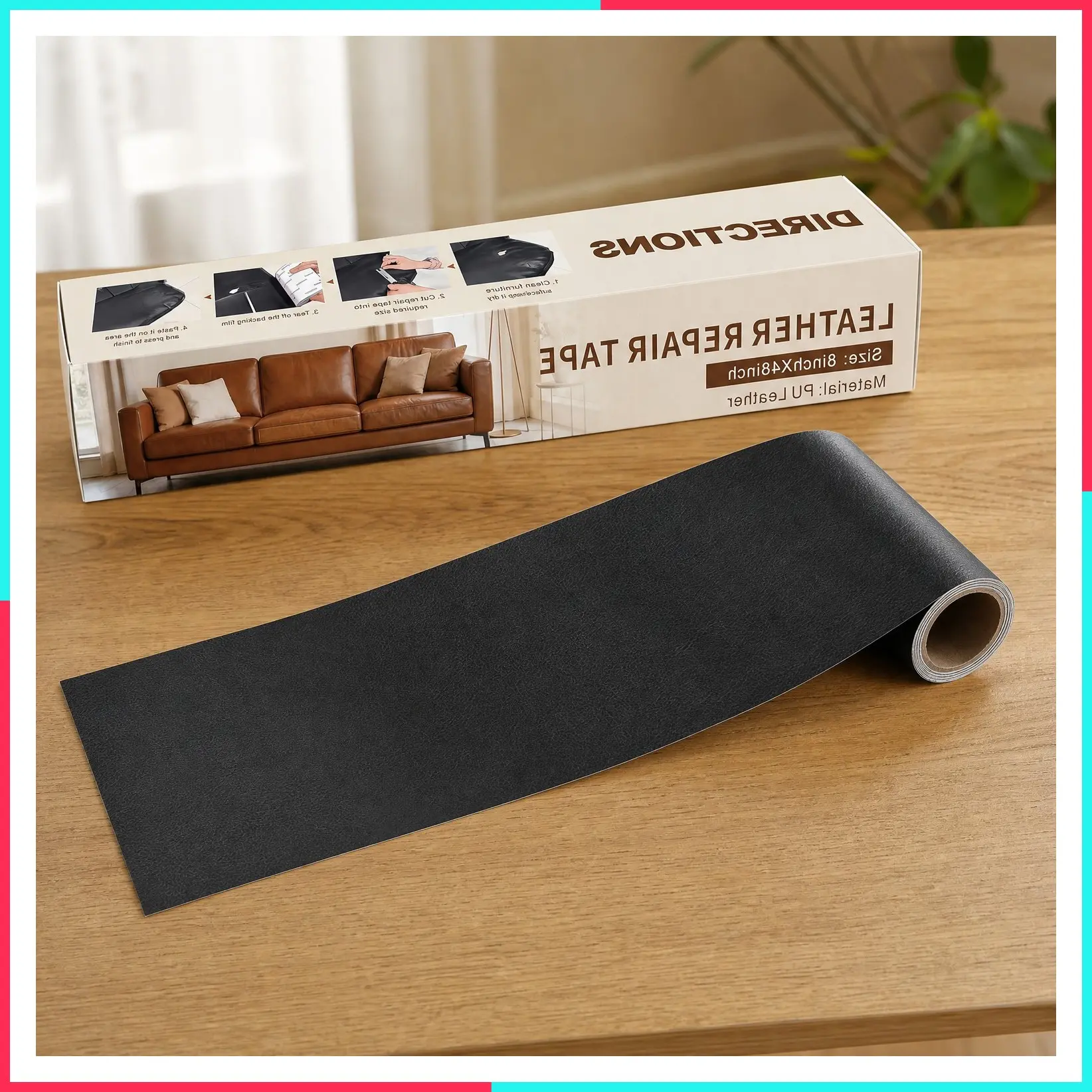 Leather Repair Patch Tape, 8 x 48 Inches Self-Adhesive Vinyl Repair Kit for Sofas, Furniture, Car Seats, Couch - Black