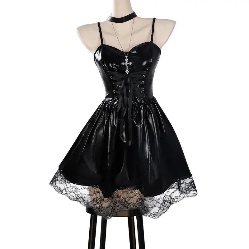 MisaMisa Anime Cosplay Costume Death Black Spaghetti Strap Skintight Leather Dress with Lace Detail Full Set for Women and Girls