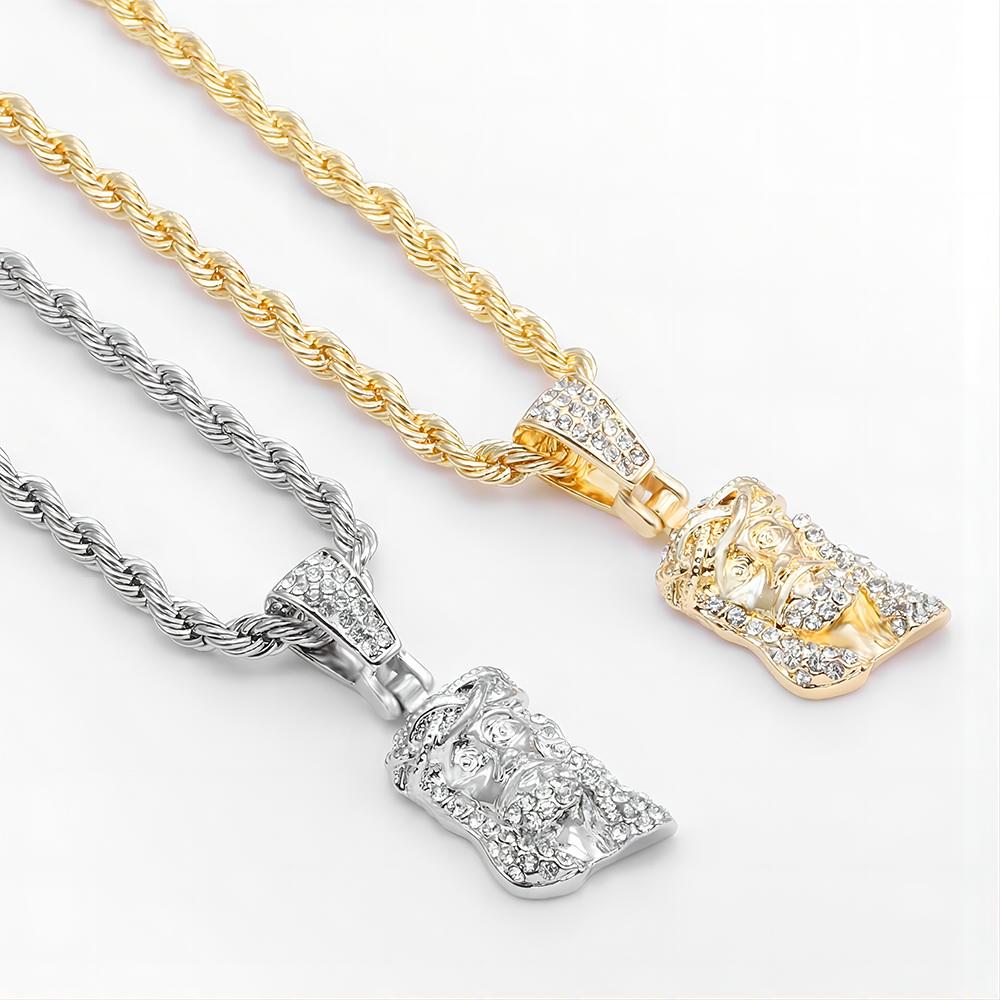 Men's Iced Out Metallic Jesus Head Face Charm Pendant Necklace, Hip Hop Costume Jewelry with Pave-Set Shining Crystals and Matching Chain, Crystal🎀, Metallic Jesus Graphic Necklaces