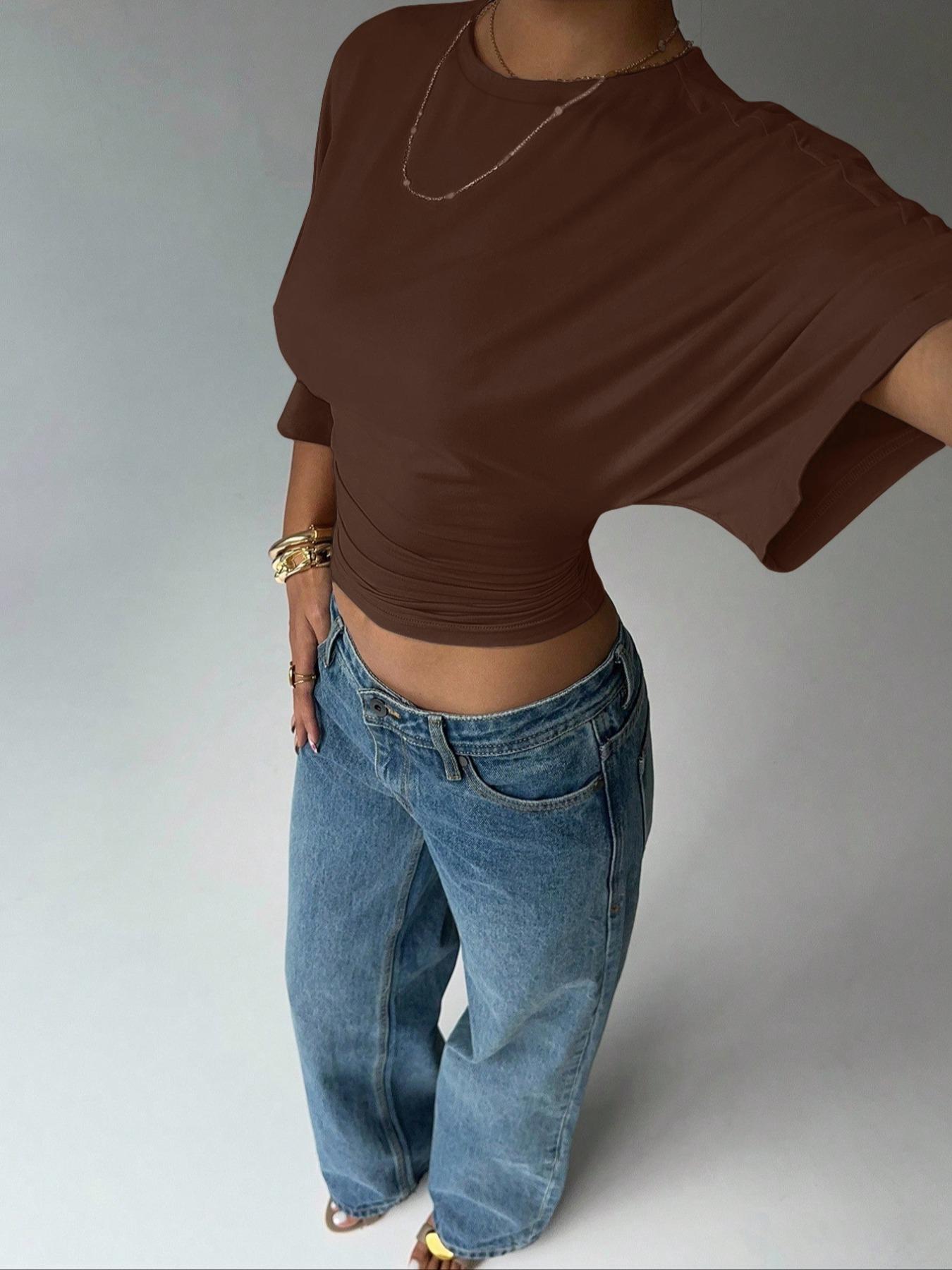 Women's Summer Basic, Simple Stylish Batwing Sleeve Ruched Short Top T-shirt, Relaxed Hem Soft Elastic T-shirt, Trendy Y2K Stretchy Knitted Crew Neck Top, Womenswear