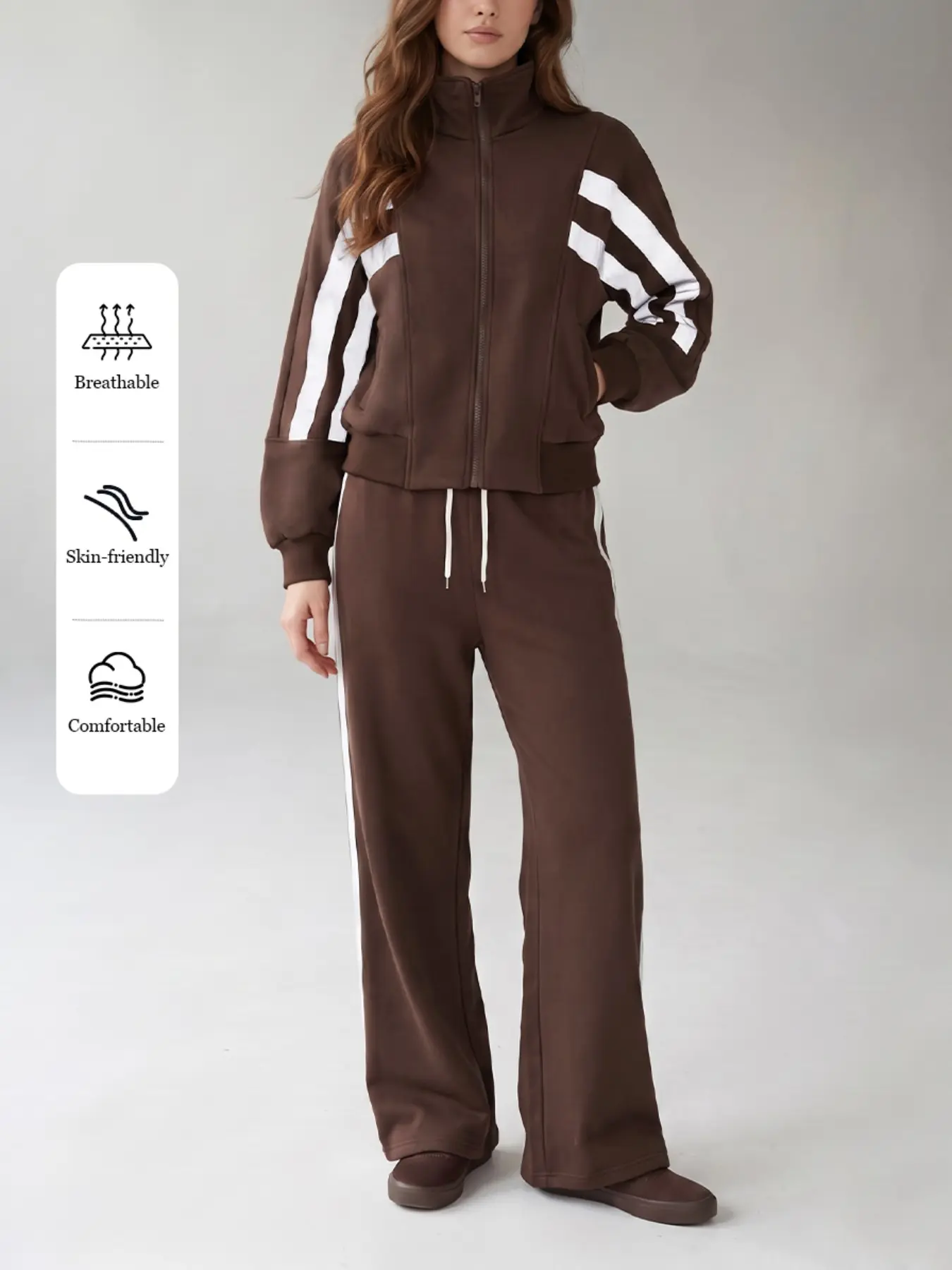 Colorblock Striped Zipper Jacket + Drawstring Wide Leg Pants Set for Women, Sporty Casual, Perfect for Daily Outing, Leisure Occasions, Athleisure Tracksuit
