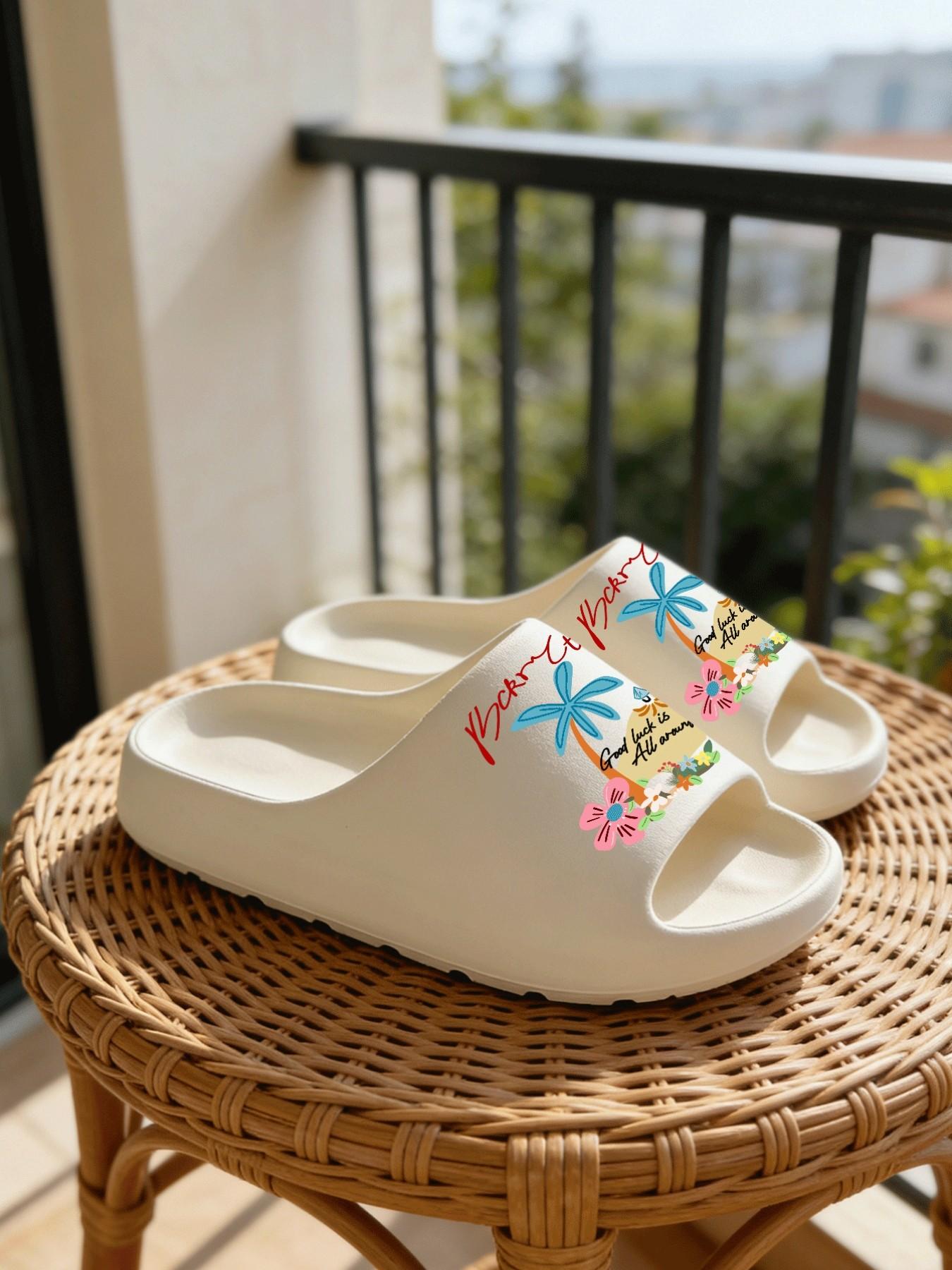 1 Pair Summer Vacation Palm Tree Printed Thick Sole Slippers, Vitality Fresh Style, Non-slip Soft Sole, Indoor & Outdoor Dual-use, Open Toe Slides, Casual Slippers