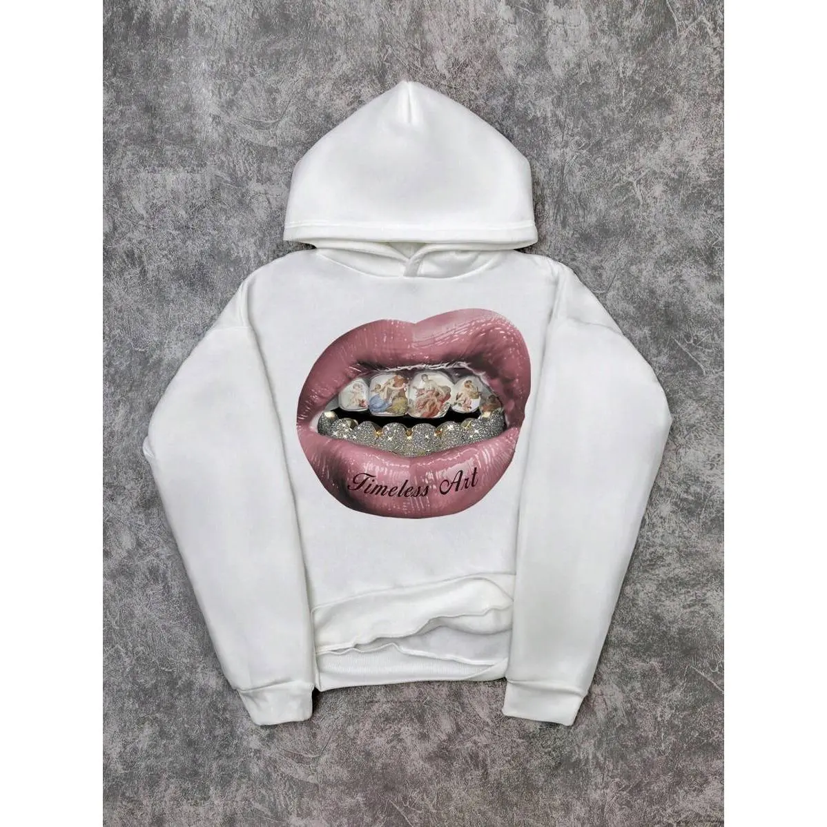 Manfinity EMRG Men's Loose Fashionable Street-Style Vintage Creative Lips Print White Knit Thermal Lined Hooded Sweatshirt, Graphic Long Sleeve Hoodie, For Friends, Husband, Boyfriend Gifts, For Fall Winter