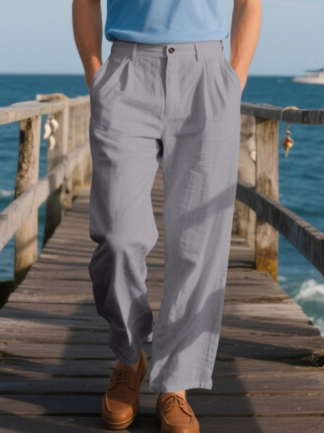 Men's Pleated Linen Breathable Straight Leg Casual Comfy Trouser, Single Button Front, Loose Fit, Relaxed Fit, Beach Vacation, Business, Solid Color, Multicolor
