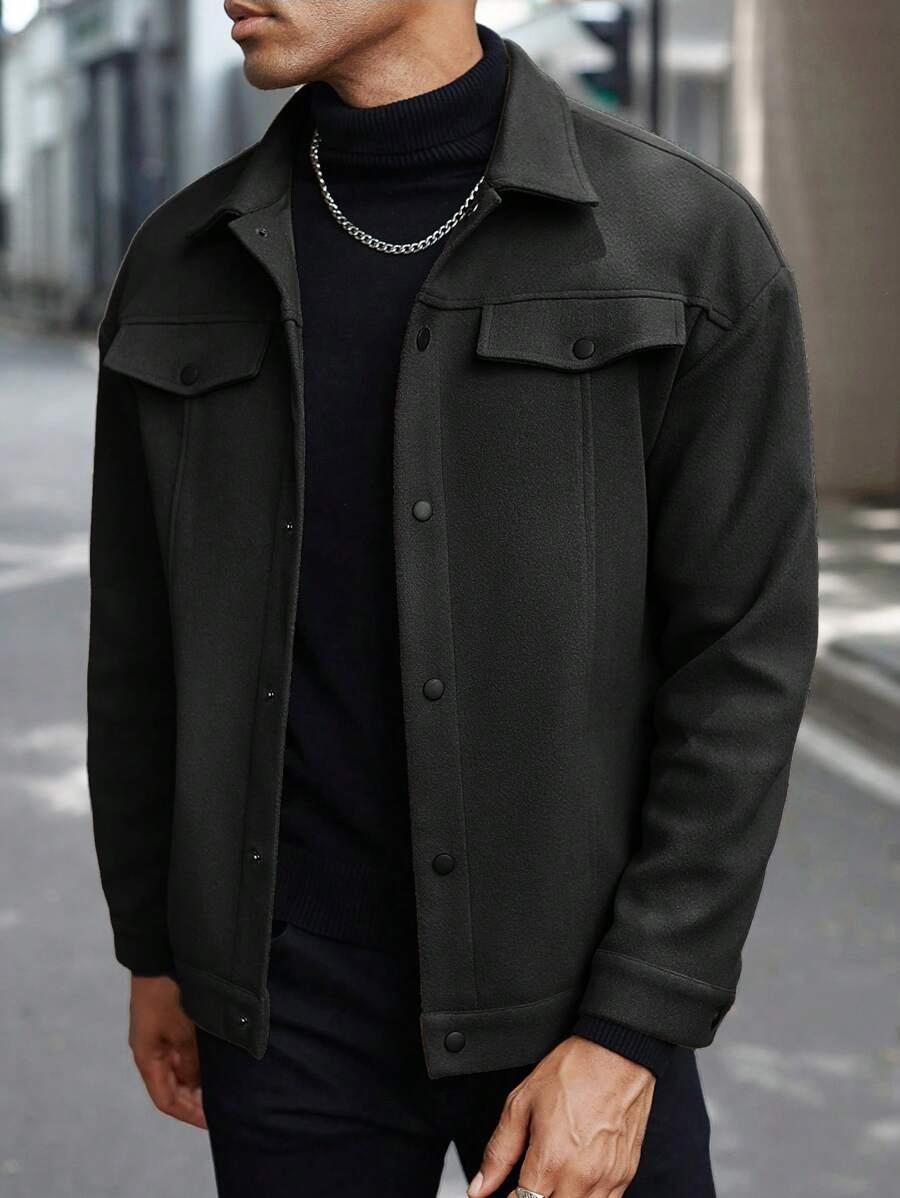 Men's Plain Color Flight Jacket for Autumn and Winter, Classic Stand-up Collar Design with Single-row Button Closure, American Vintage Coat, Back-to- Jacket, Motorcycle Suit. Casual Fashionable Jacket Workwear Jackets Casual Fitted Jackets Collared Jacket