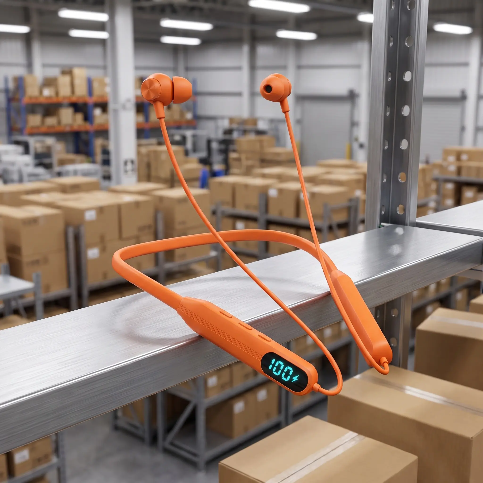 Bright Orange Hi Vis Neckband Headphones Digital Power Display IPX5 Sweatproof 48HR Battery Safety Bluetooth Earbuds with Mic for Warehouse Workers Hands Free Calling Dual Device Touch Control