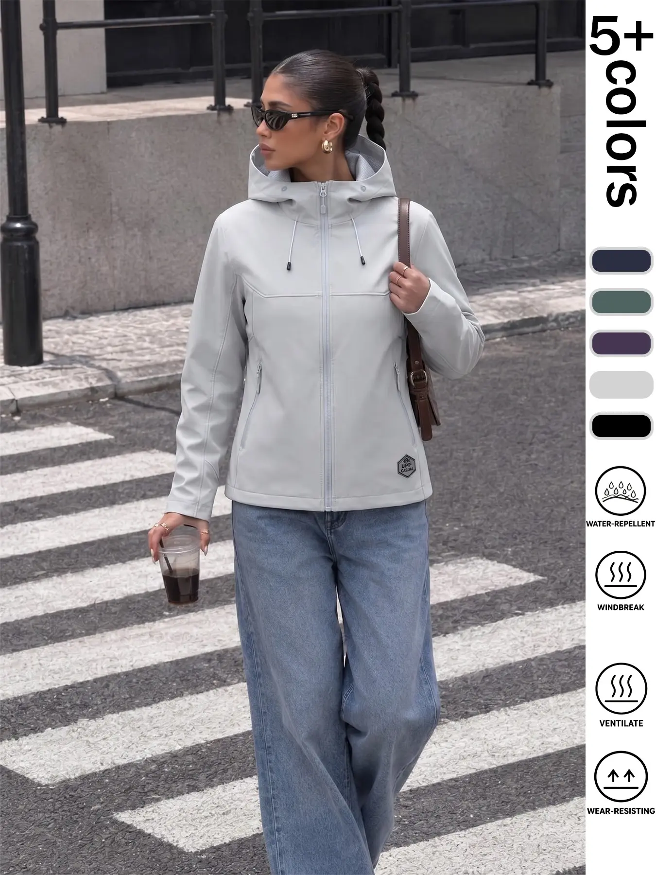 Unisex Full-Zip Hooded Softshell Jacket, Outdoor Windproof Warm Breathable Sunscreen Wrinkle-Resistant Waterproof, Adjustable Hat, Side Zip Pockets