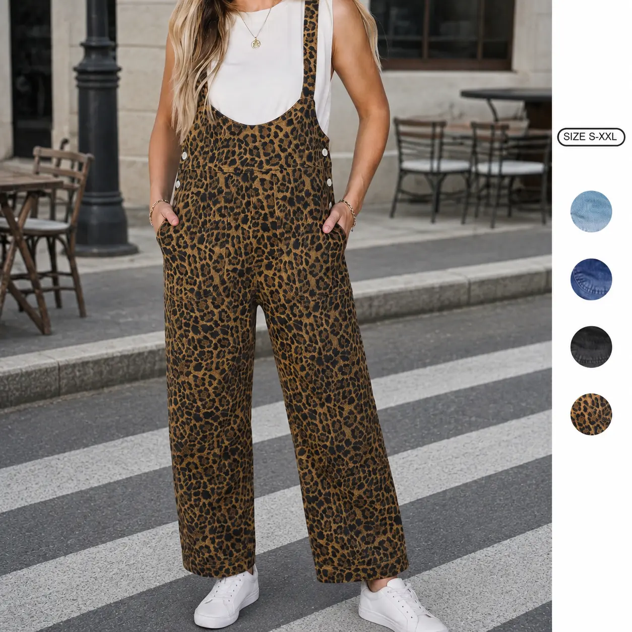 Imily Bela Women's Leopard Print Overalls Casual Loose Bib Overalls Sleeveless Straight Leg Jumpsuit Baggy Dungarees with Pockets