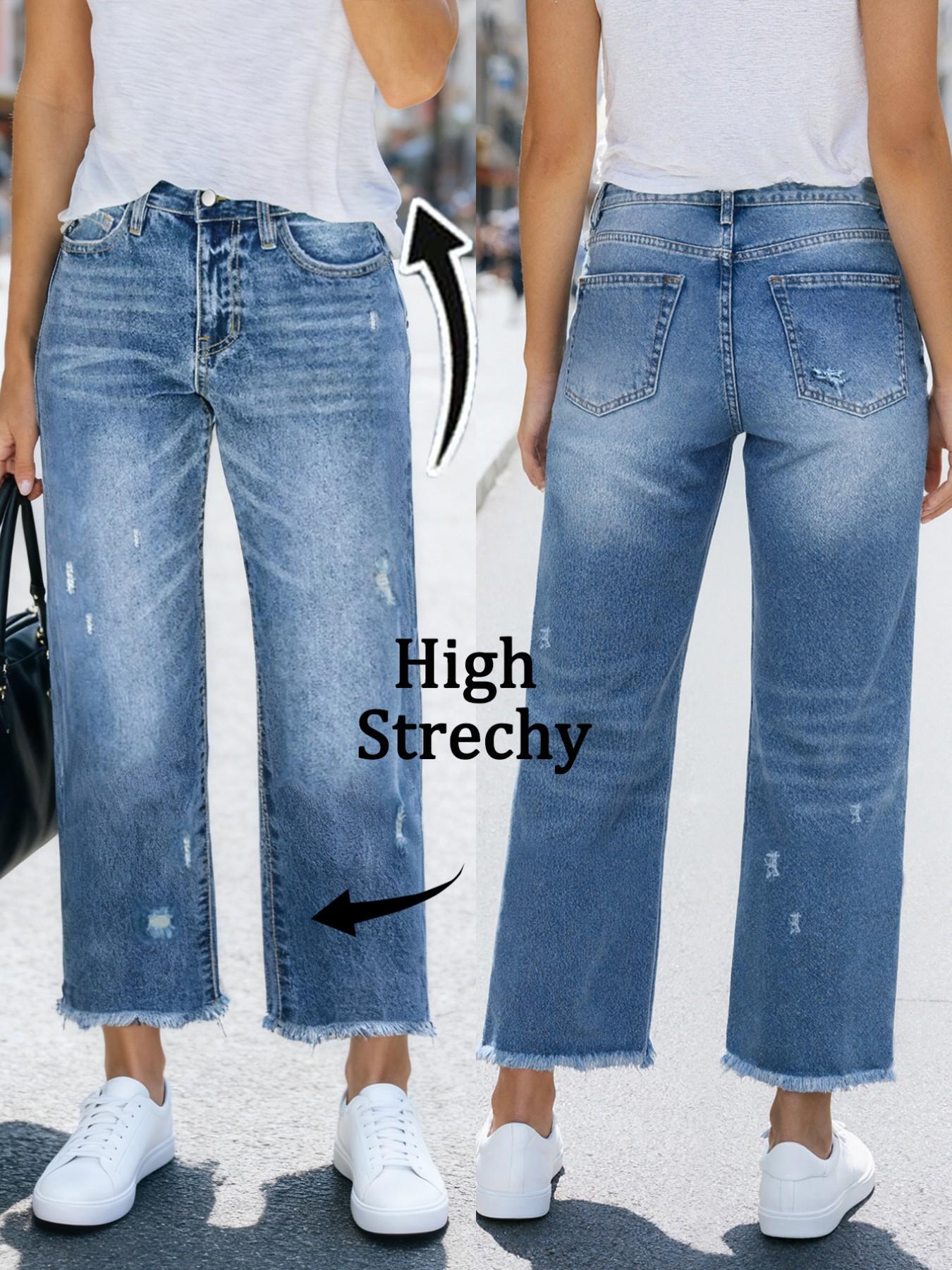 Women's Relaxed Fit Distressed Straight Leg Jeans, Comfortable Ripped Wash with Frayed Hem for Street Style Fashion, Trendy Denim Jeans Streetwear
