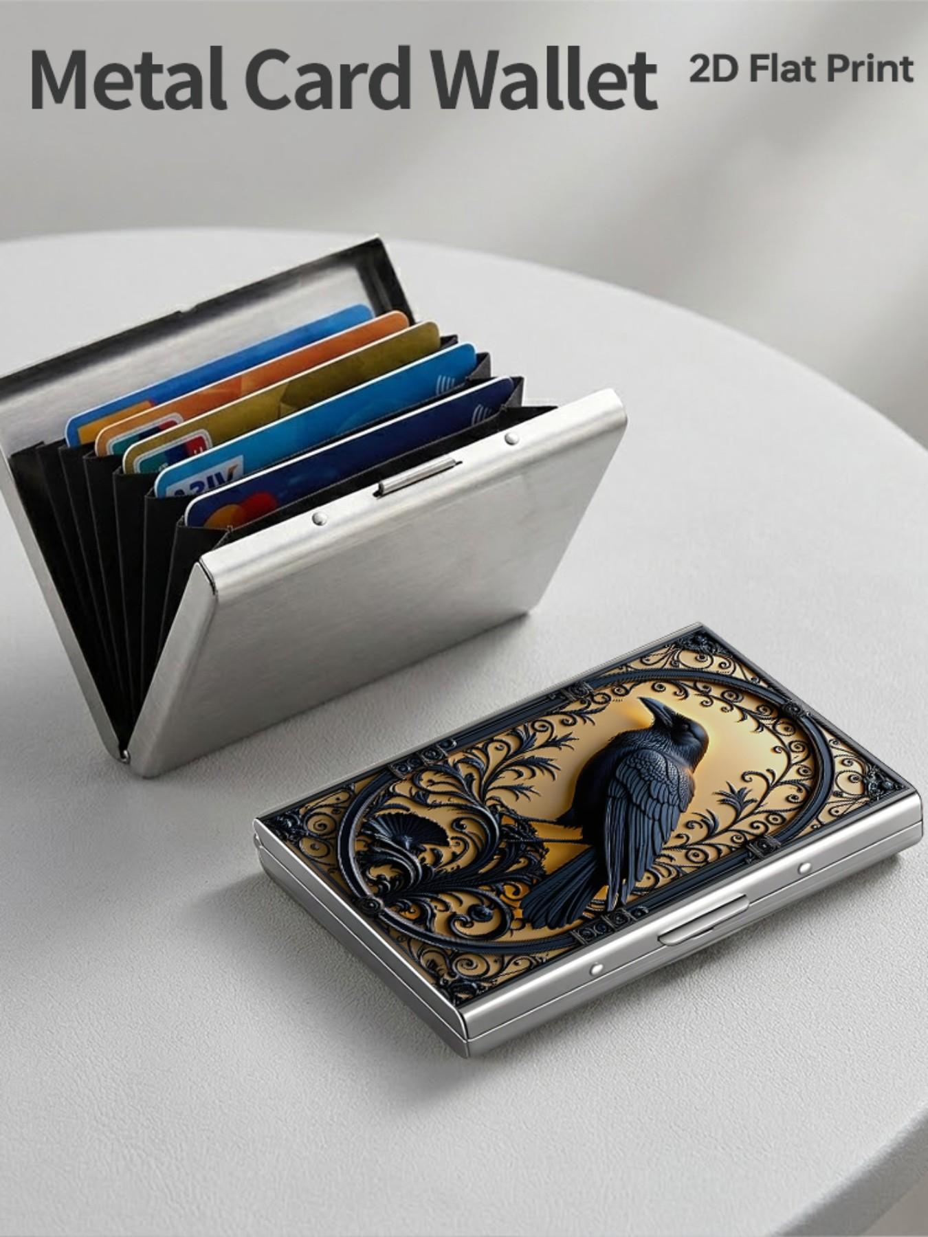 Crow Pattern Rfid Metal Card Holder, Multi-Layer Design, Ultra-Thin Magnetic Closure, Perfect Gift for Men & Women
