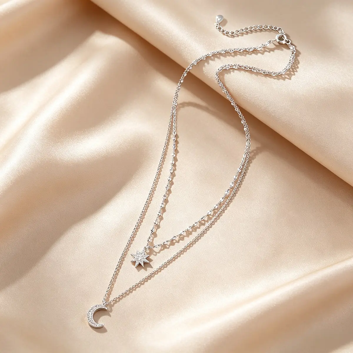 Women's Silver-Toned Celestial Adjustable Alloy Chain Jewelry Necklace - Sparkling Rhinestone Octagram, Crescent Moon Double Layer Pendant, Lobster Clasp with Extender, Dainty Clavicle Piece for Daily Wear, Fashion Birthday Gift