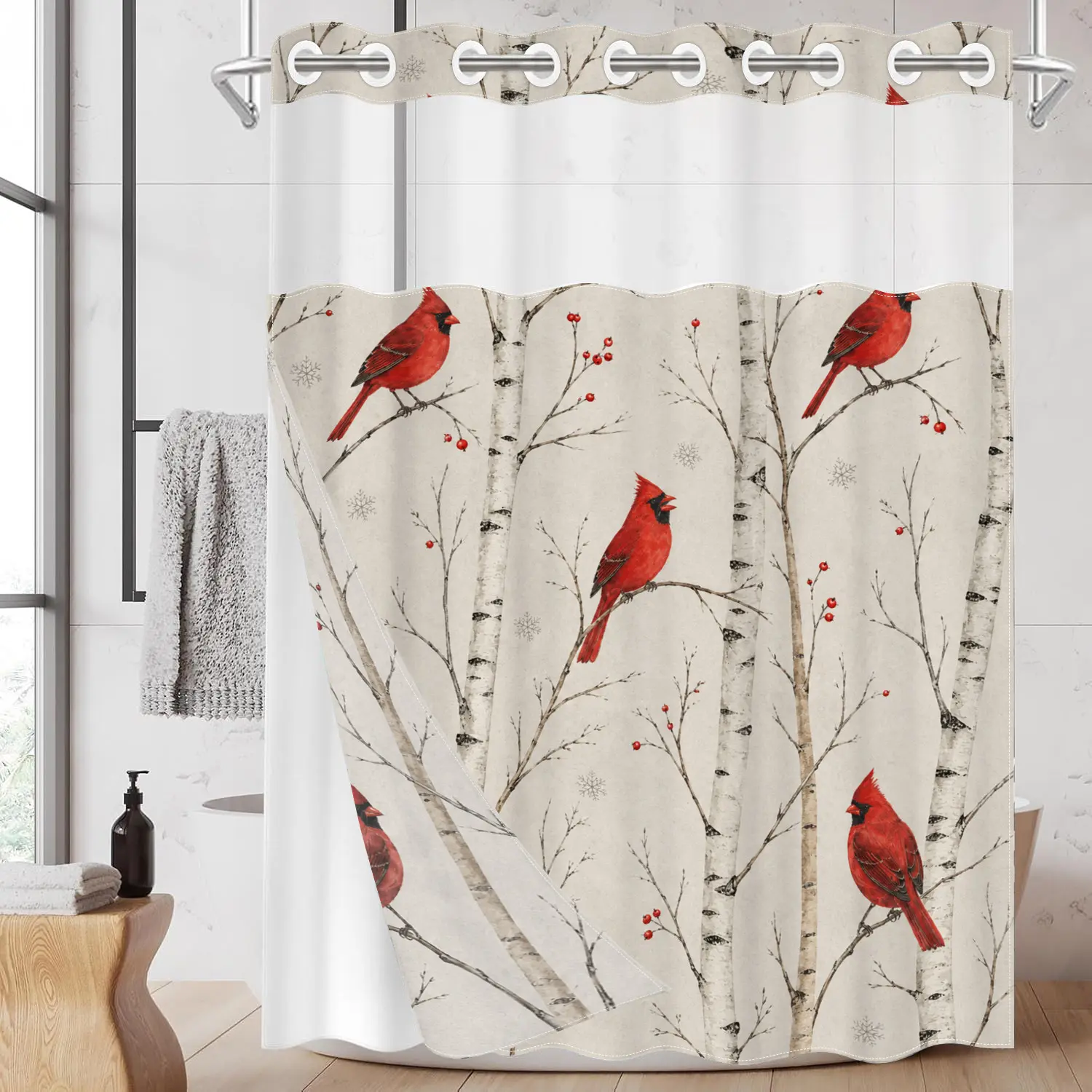 1PC 2D Flat Red Cardinal, Birch Tree, Red Berry & Snowflake Winter Pattern Double-Layer Woven Shower Curtain, No Hooks, Transparent Top Window, Removable Snap-On Liner, Rustic Farmhouse Bathroom Art Decor, Christmas & Holiday Decoration