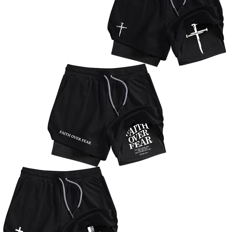 Men's Cross Print 2 in 1 Performance Shorts with Phone Pocket & Towel Loop, Summer Sporty Breathable Quick Drying Shorts, Gym Workout Running Shorts, Activewear Sportswear