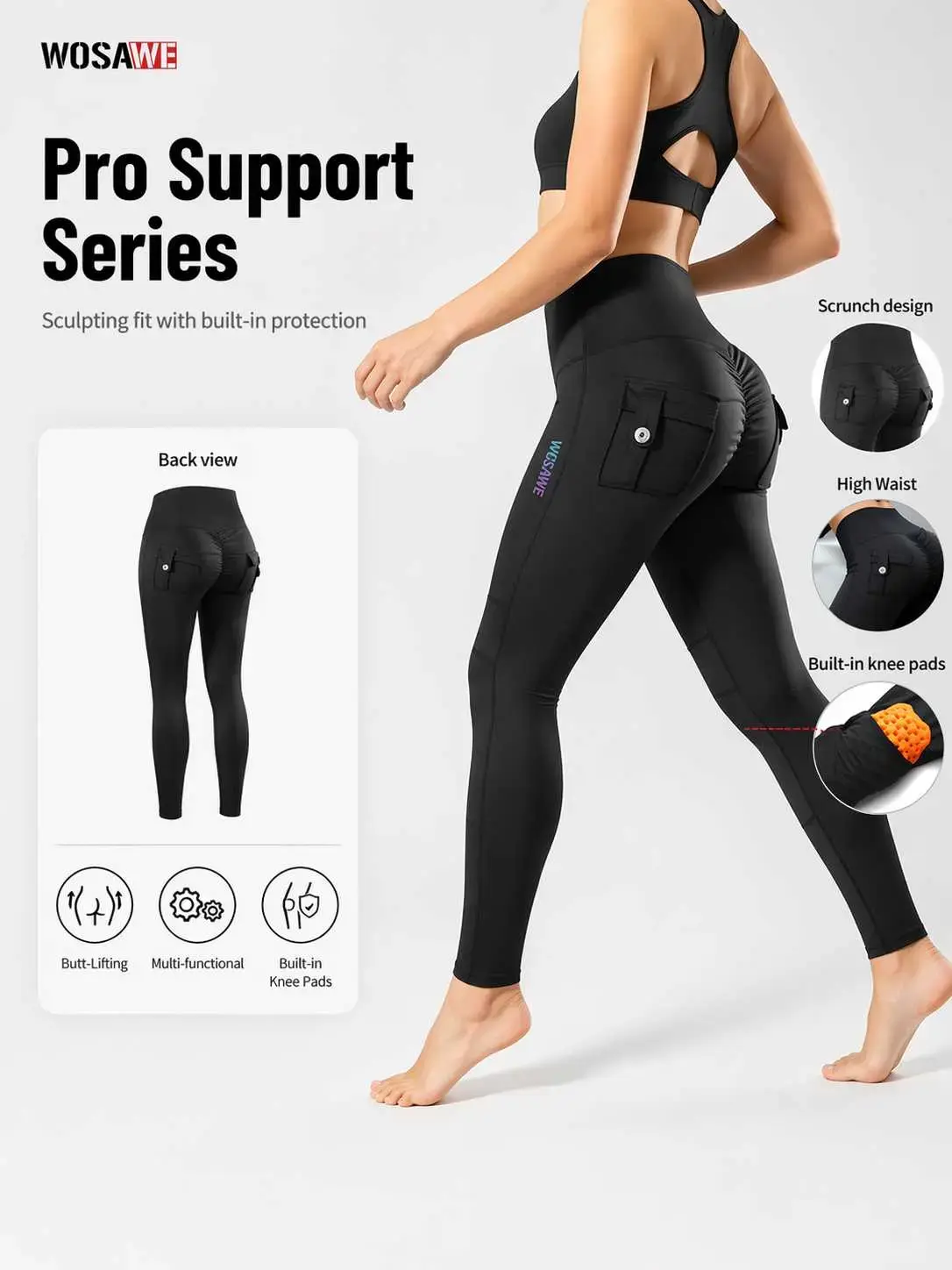 WOSAWE Women's Motorcycle Yoga Glute Enhancing Leggings with Removable Knee Pads Butt Lifting Cargo Pants Gym Sportswear Bottoms Fitness Pants Workout Pants