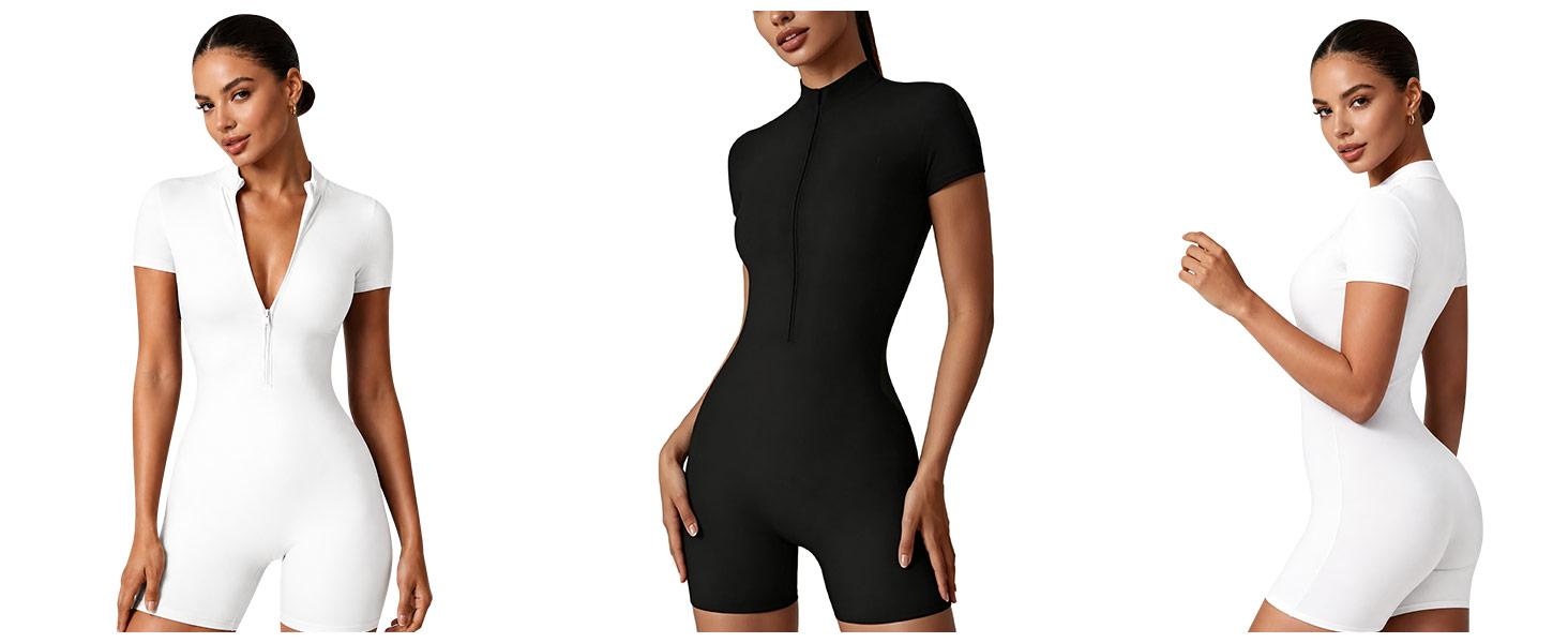 Outdoors & Sports Body Suits for Womens Black Bodysuit Zip Tummy Control Yoga Workout Work Out Gym Set Athletic Jumpsuit Romper Shorts