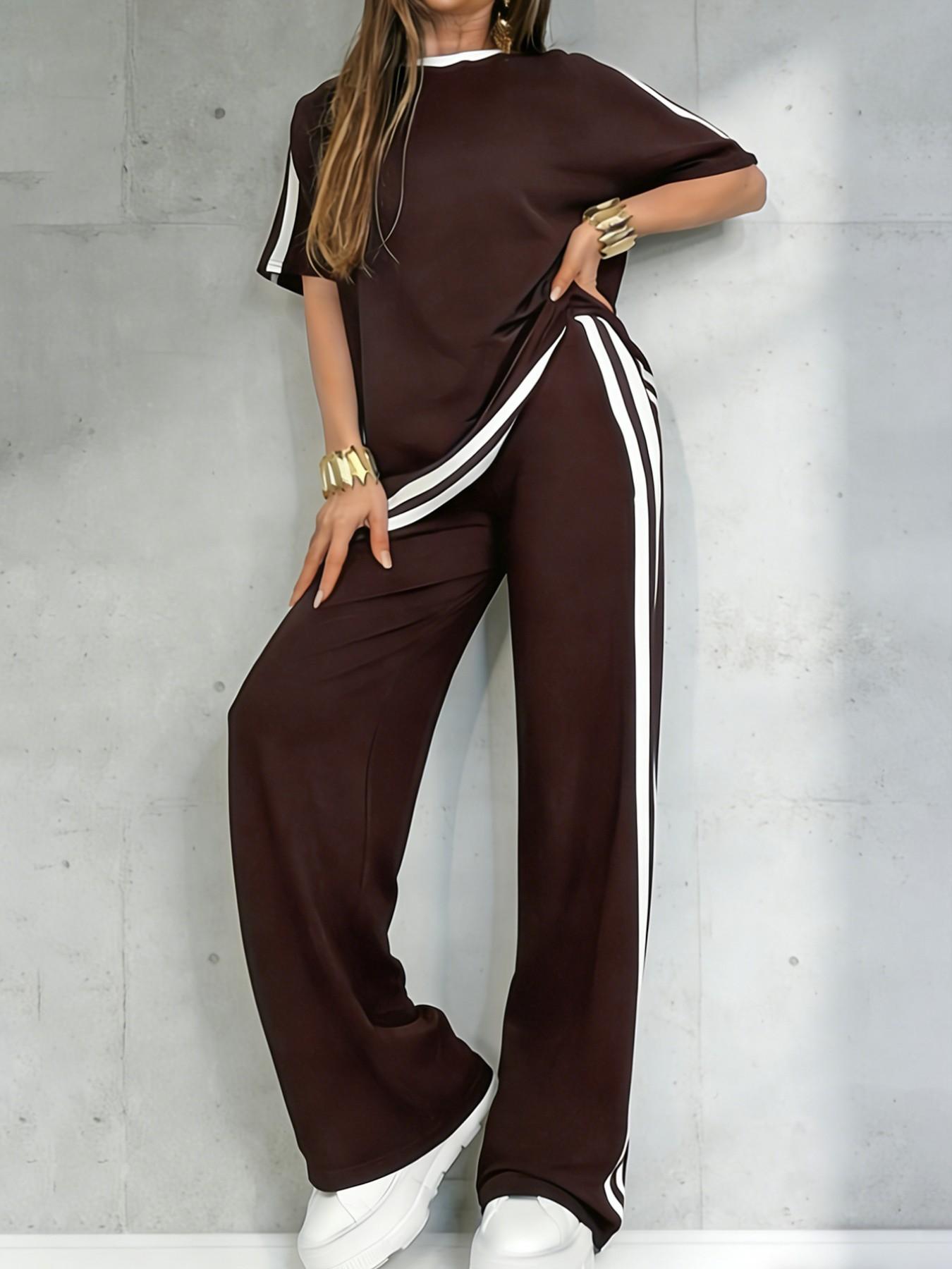 Women's Casual Athleisure Sportswear Set, Solid Color Round-Neck Short-Sleeve Split-Hem Top and Striped Long Pants, Spring/Summer Two-Piece Set Women's Casual Athleisure Sportswear Set, Solid Color Round-Neck Short-Sleeve Split-Hem Top and Striped Long Pants, Spring/Summer Two-Piece Set