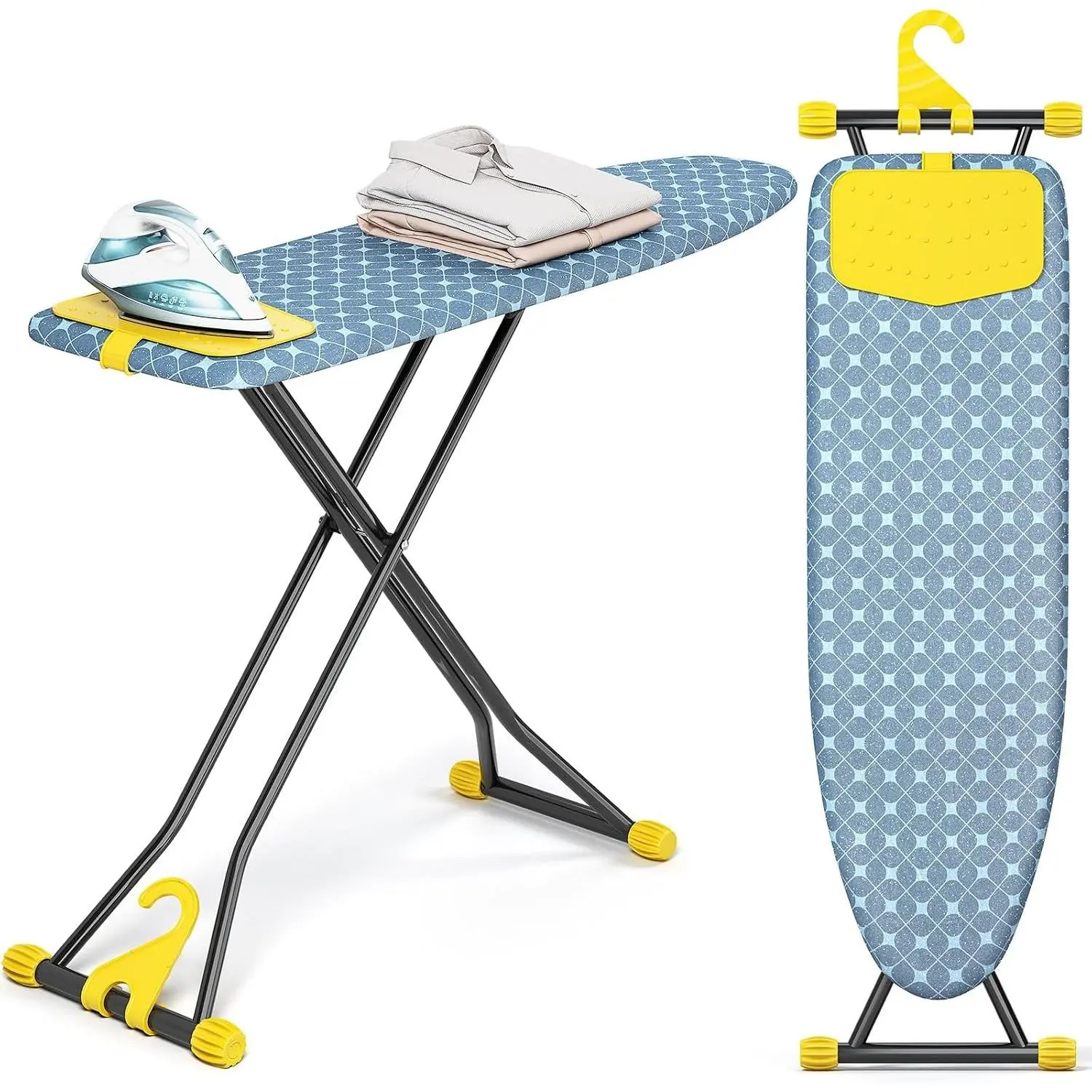 Ironing Board with Silicon Iron Mat, Heavy Duty Leg 13x43 Yellow | Compact Ironing Board with Heat Resistant Cover, Foldable Ironing Board Wall Mount Hanger, 7 Height Adjustable Standard Size