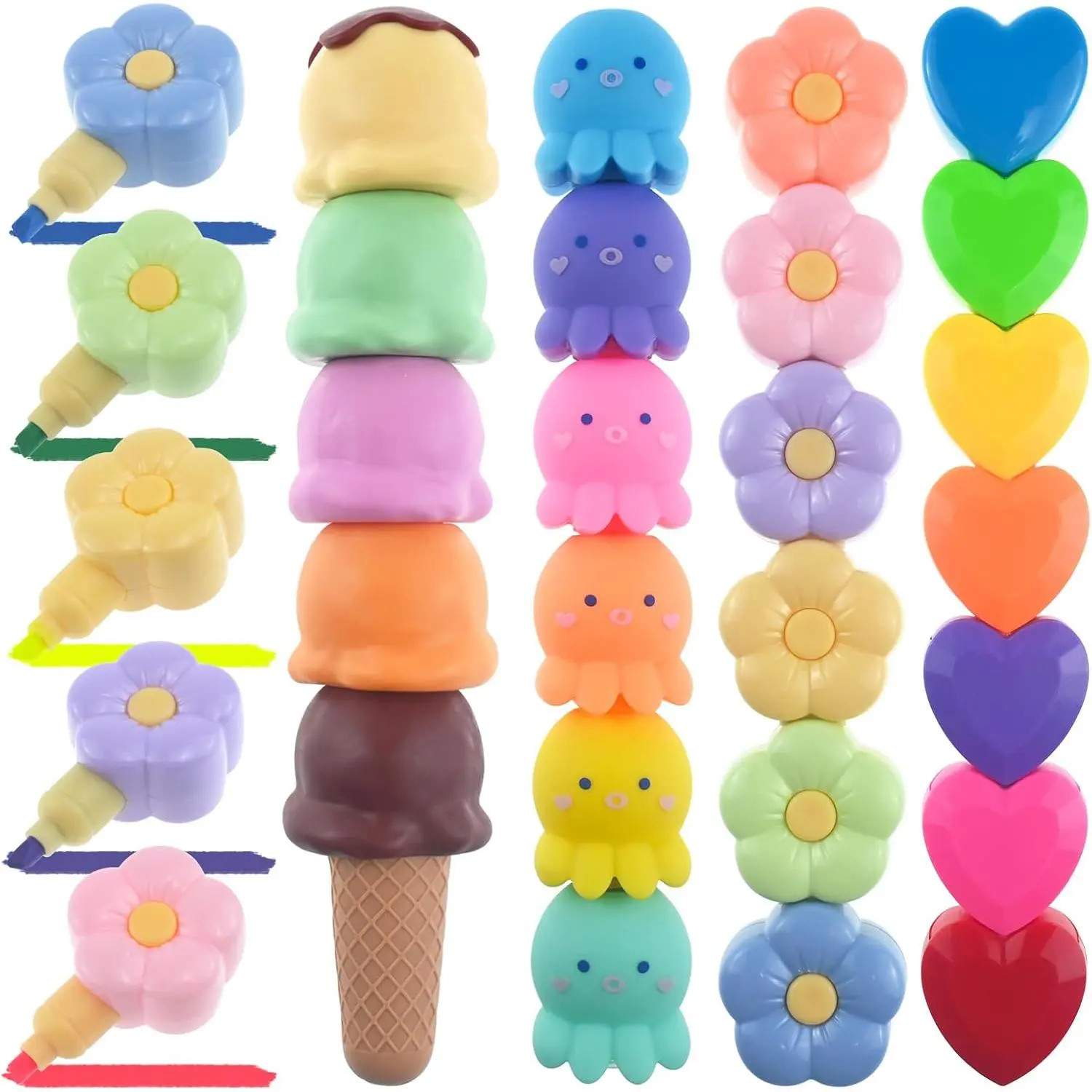 4 Pack Stackable Highlighters, Colorful Pastel Marker Pens Highlighter Set | Cute Mini Highlighters Pen, Octopus Heart Flower Ice Cream Shape, Kawaii Markers for Writing Graffiti, Office Supplies Gifts