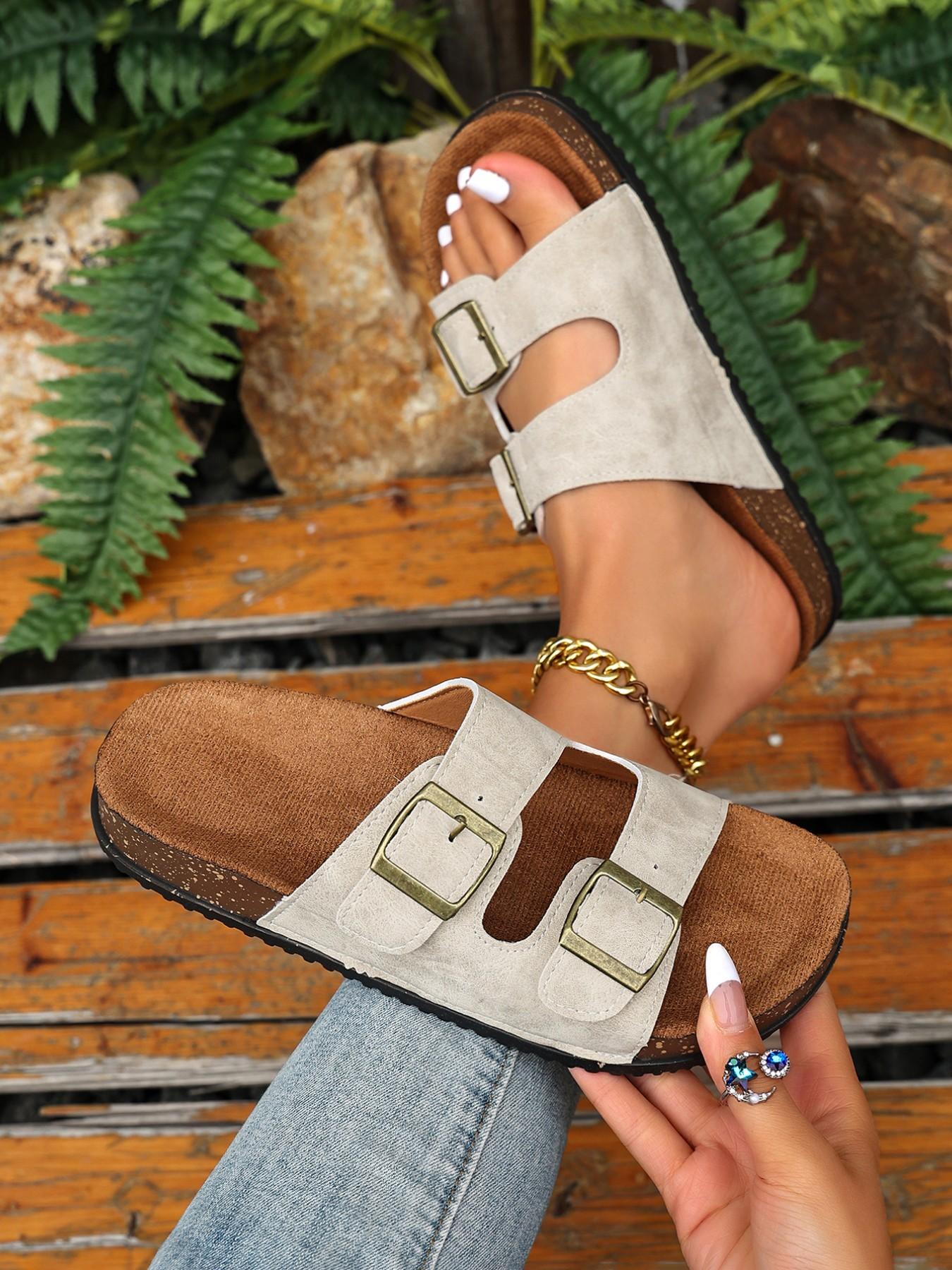 Women's Fashionable Adjustable Double Buckle Design Slides, Casual Comfortable Flat Sandals for Beach, Non-slip Slides for Indoor & Outdoor Wear, Walking Shoes