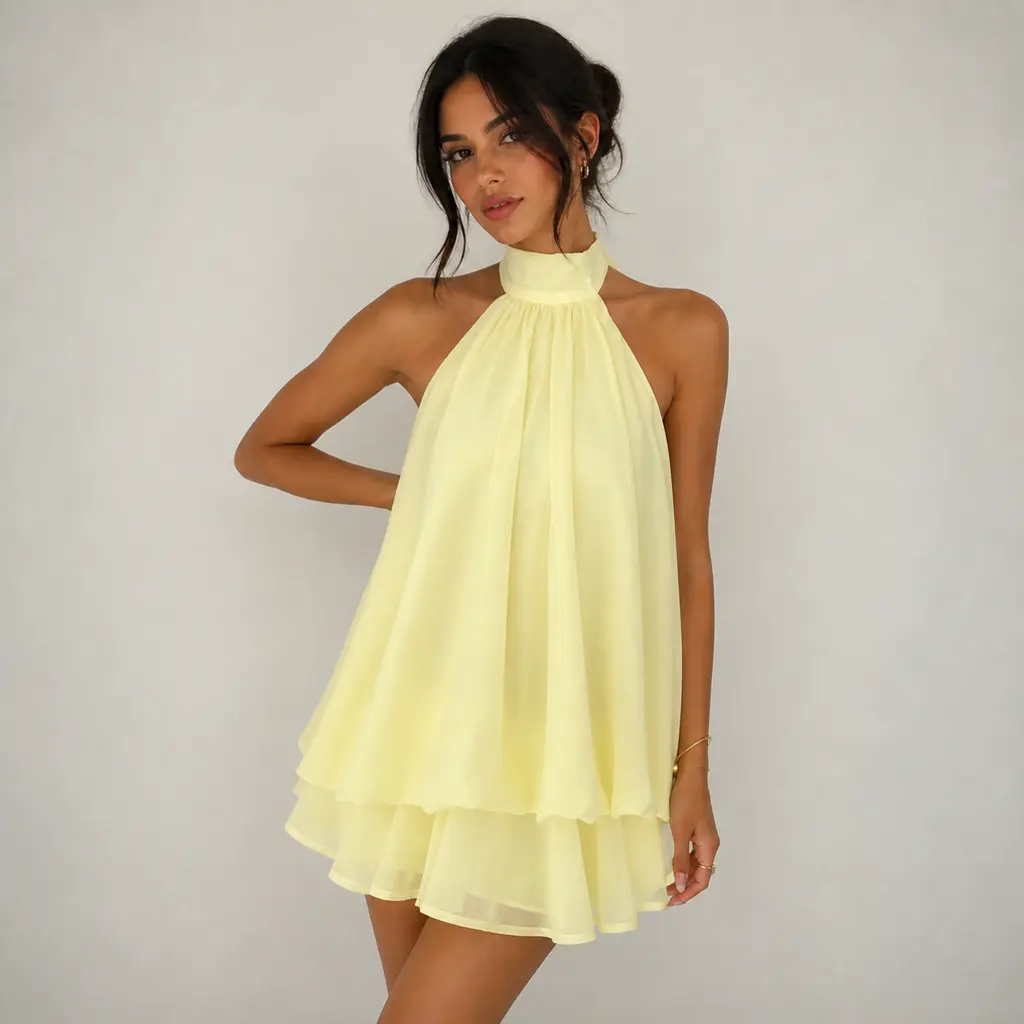 Women’s Sleeveless Halter Neck Chiffon Mini Dress - Tie Back Open-Back, Layered Ruffle Trim, Flowy A-Line, Elegant Lightweight Bohemian Outfit for Summer Beach Party Cocktail Events