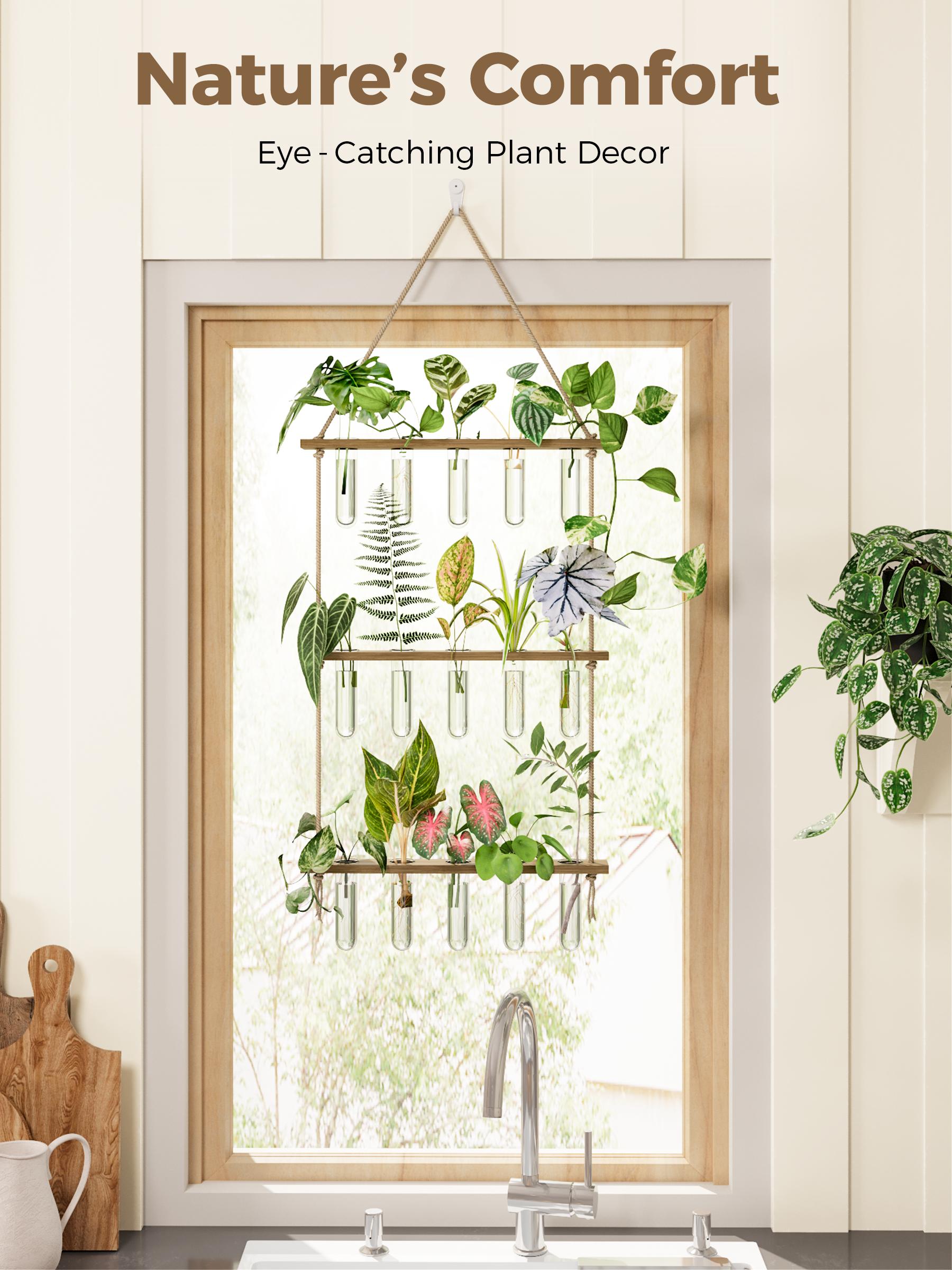 BamWorld Rustic Wooden Hanging Planter - 3-Tier Swinging Planter Complete Kit with 15 Glass Tubes, Natural Wood Hydroponic Propagation Station Glass Terrarium, Indoor Home Decor for Plant Lovers, Rustic Wooden Planter