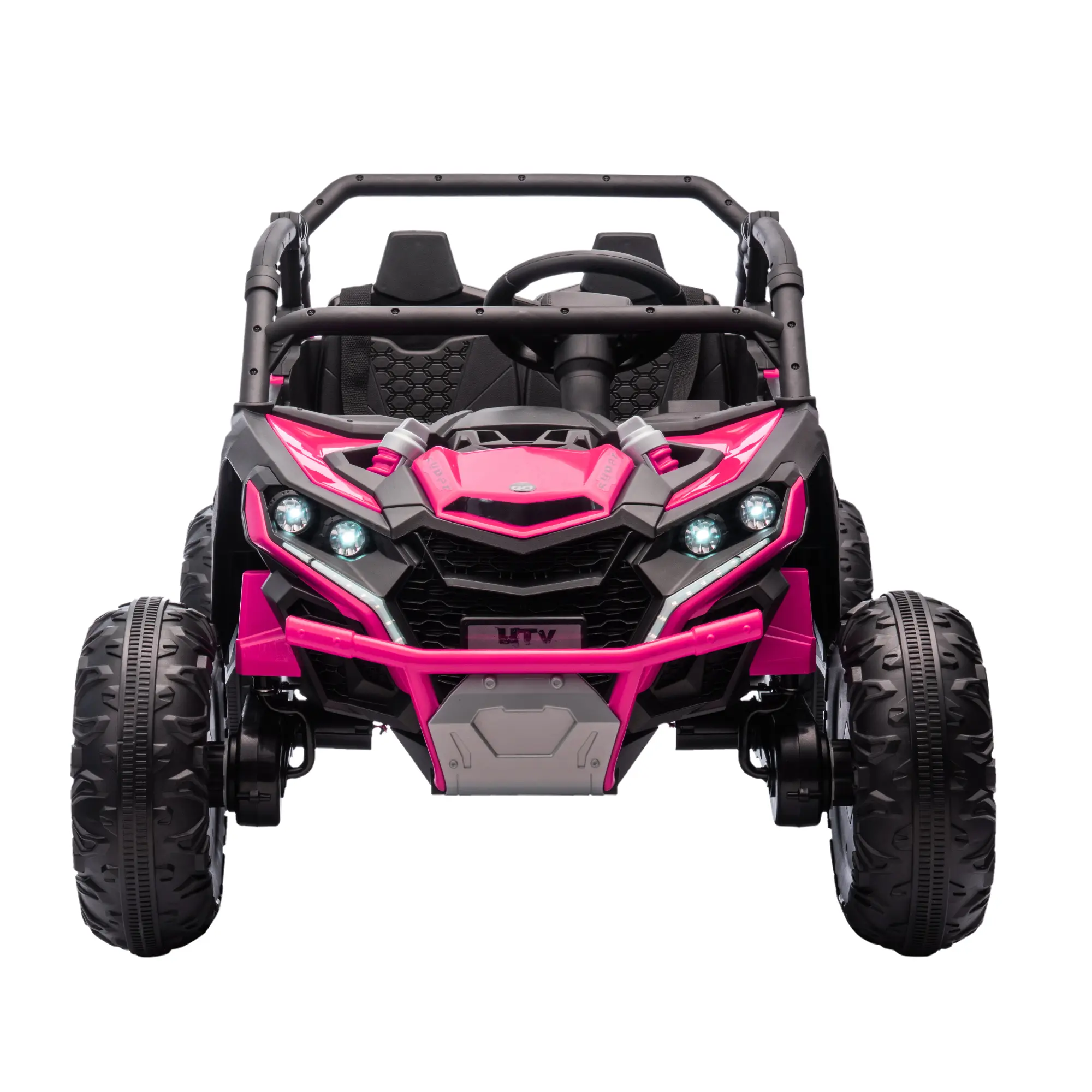 Children's 24V UTV, 2-seater four-wheel drive electric truck with remote control, high-speed and low-speed adjustment, LED lights, 4 shock absorbers, one touch start, music player (pink)