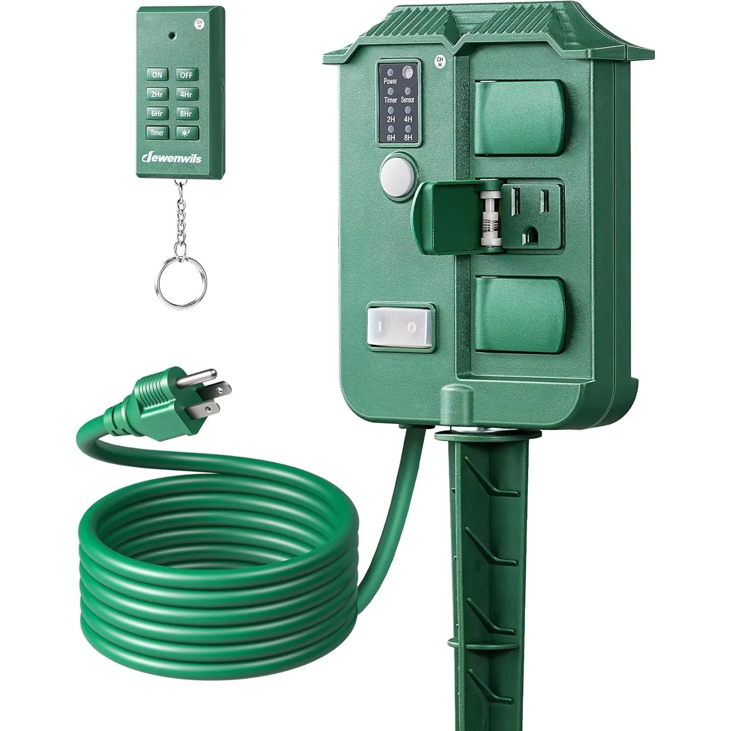 Waterproof Rectangle Outdoor Power Stake Timer - 6 Grounded Outlets, 6ft Extension Cord, 100ft Wireless Remote Control, Photocell Dusk to Dawn, Energy Saving, Easy Install, UL Listed, Outlet Switches for Christmas Lights, Yard Lights, Garden Devices