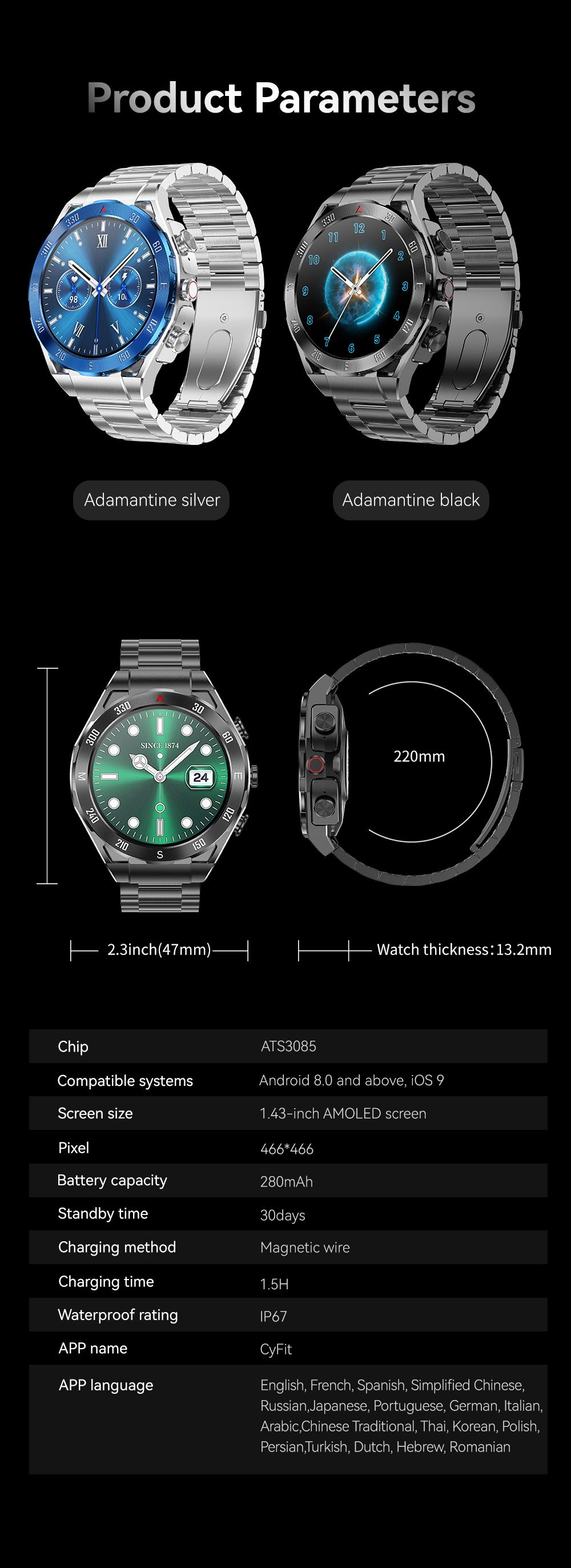 F33 Business Smart Watch with Earbuds 1.43 Inch AMOLED HD Display Bluetooth Calling Health Tracking Long Battery Life