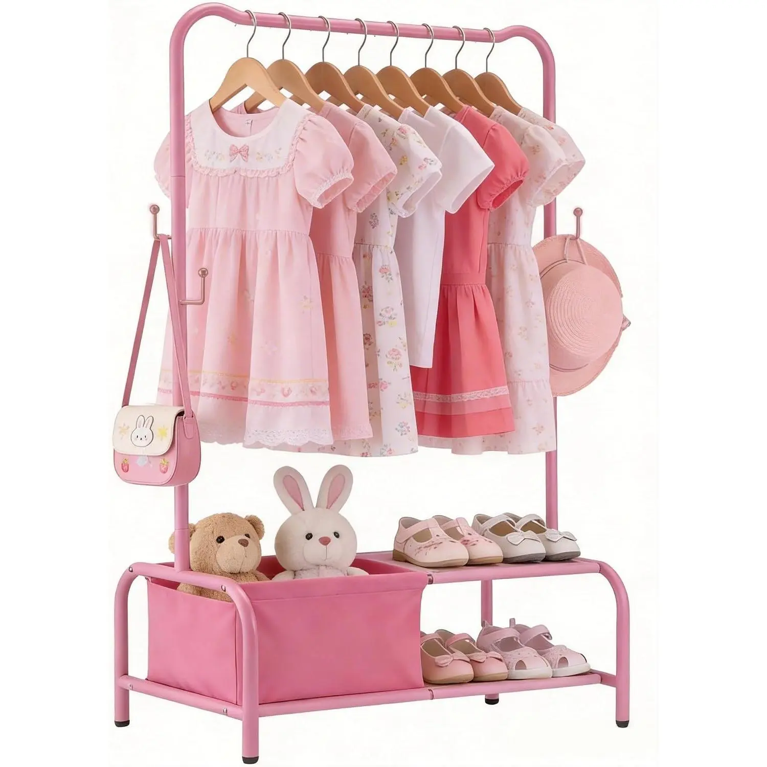 Kids Clothing Rack-Portable Kids Clothing Rack with Storage Shelf - Toddler Garment Organizer for Baby Clothes, Dance Costumes, Girls Gift Ideas (Pink)
