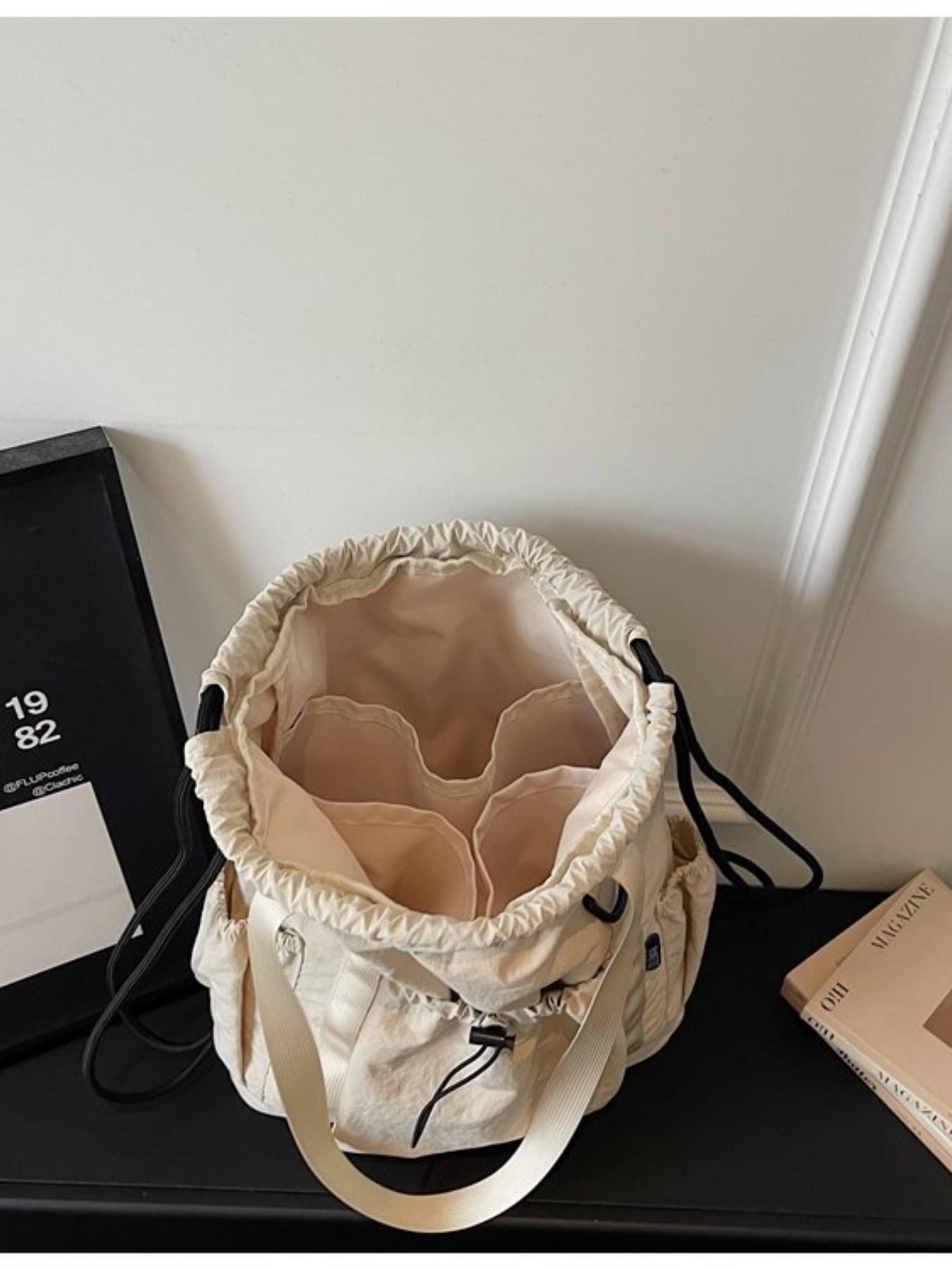 Large Capacity Drawstring Tote Backpack, Lightweight Nylon Shoulder Bag with Secure Pockets, Foldable Unisex Casual Daily Bag, Travel Fitness Shopping Bag