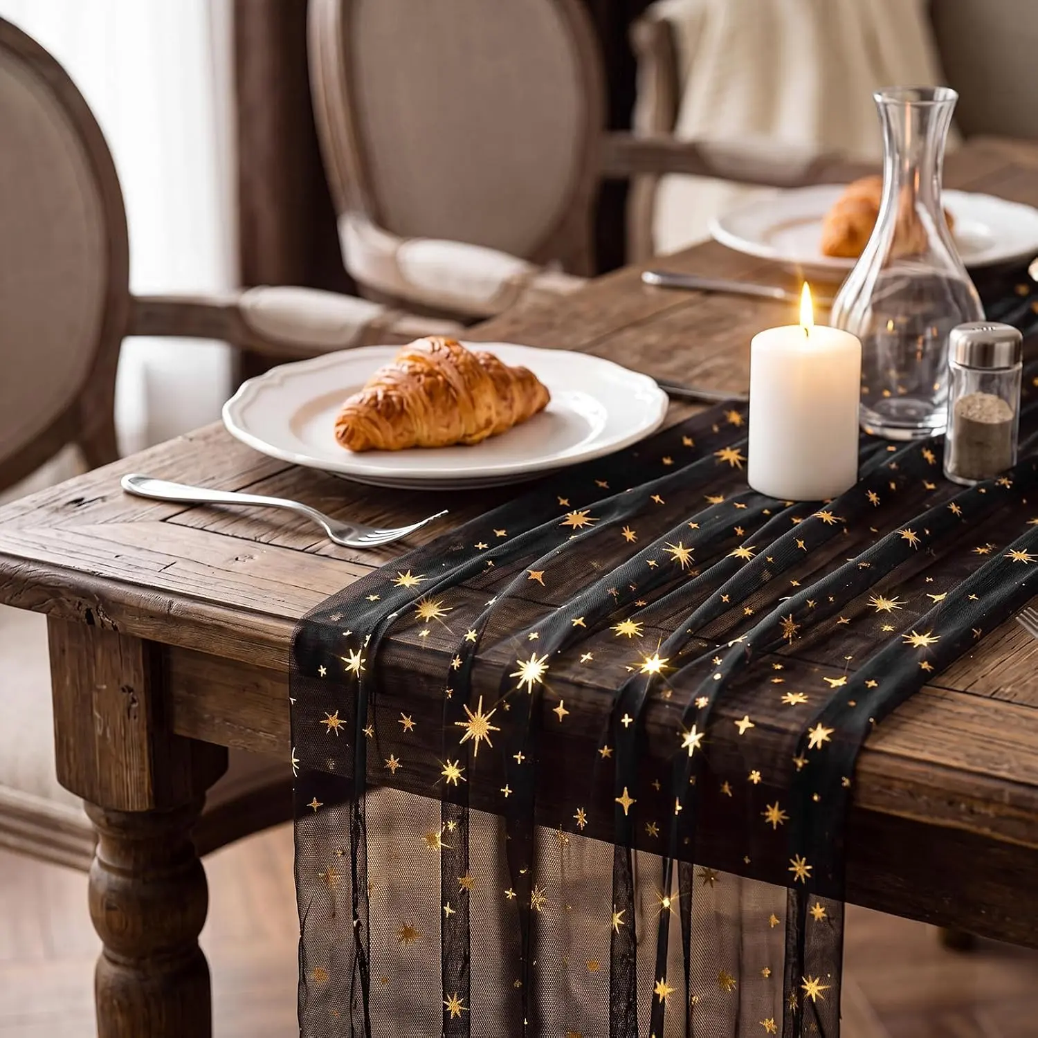 3-Pack 120-Inch Rectangular Black Thick Glitter Metallic Gauze Table Runner, Modern Starry Galaxy Theme Sheer Chiffon Tulle Party Decor Centerpiece for Wedding Dining Holiday