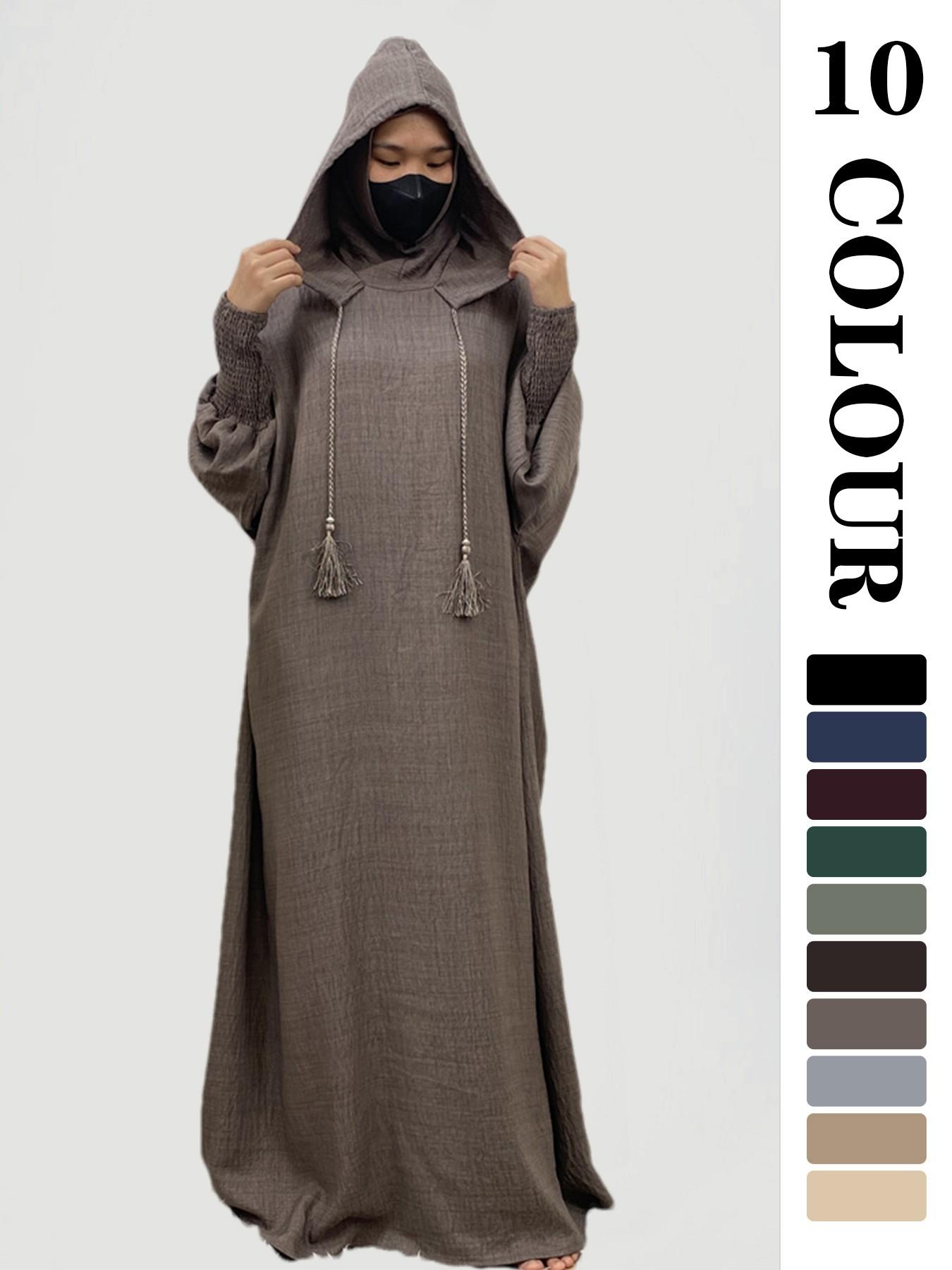 Women's Solid Hooded Dress, Casual Long Sleeve Dress for Fall & Winter, Women's Islamic Clothing for Daily Wear, Modesty Muslim Clothing, Modest Style Dress, Women's Muslim Gowns