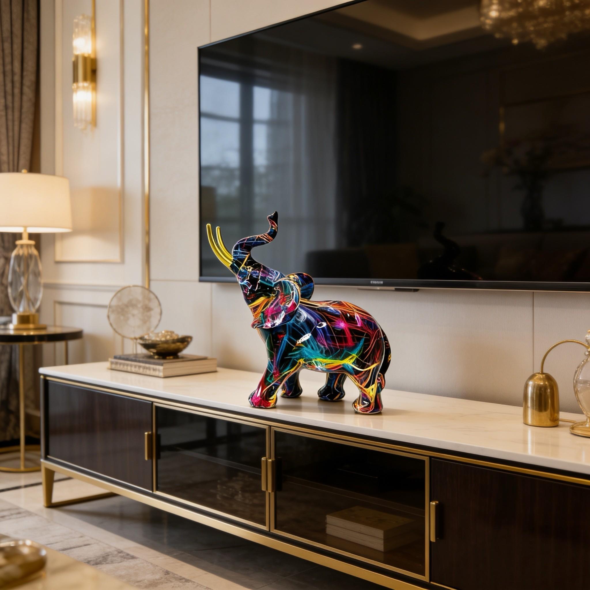 Colorful Resin Elephant Statue, Artistic Elephant Sculpture, Feng Shui Decor, Kitchen Office Shelf Home Decoration