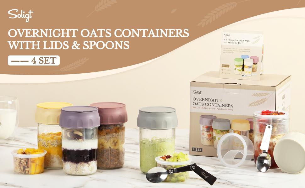 Soligt Overnight Oats Containers with Lids, Folding Spoons, and Divided Compartments for Fruit & Nuts, Small Glass 16oz Mason Jars for Oatmeal Yogurt Parfait Kitchen Utensils Portable Plastic Travel meal prep containers