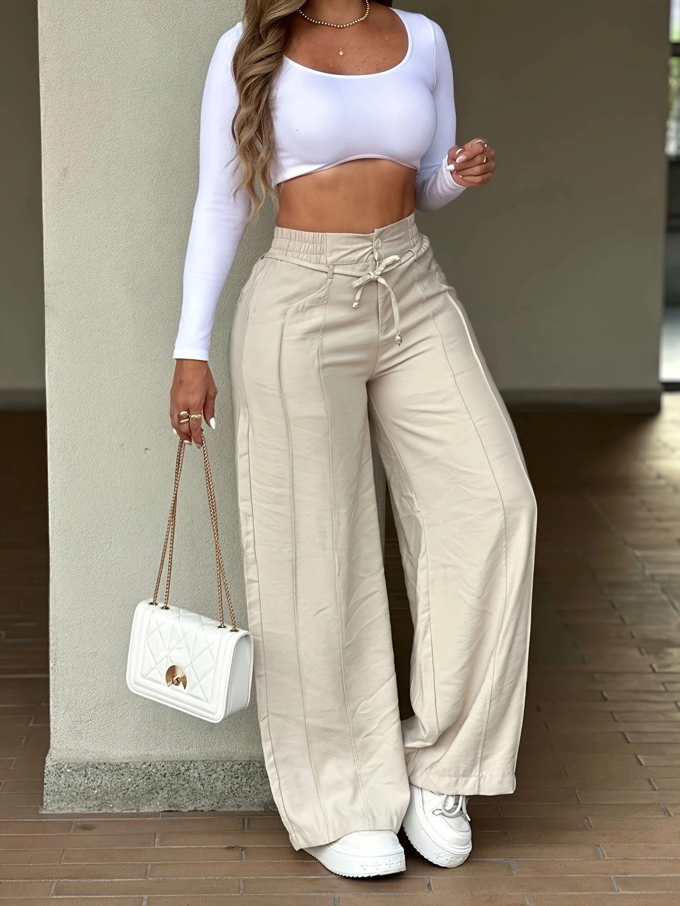 2026 New Women's Wide Leg Casual Pants Trouser, Vertical Line Pleated Design, High Waist Elastic Waist, Suitable for Office and Dates, Womenswear