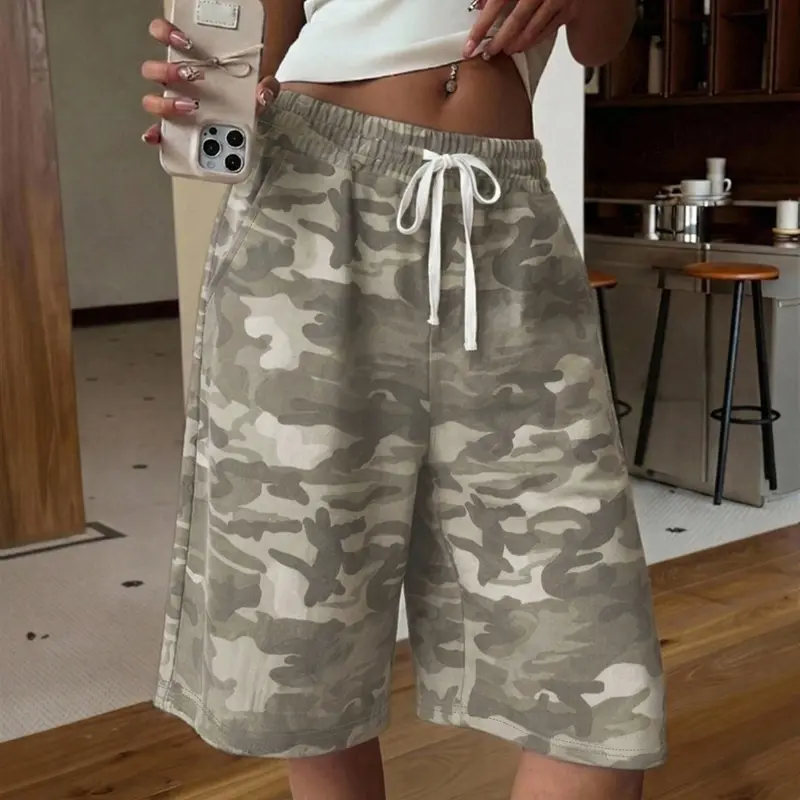 Casual Retro Camouflage Print Street Style Y2K Wide Leg Bermuda Shorts, Perfect for Everyday Wear, Comfortable