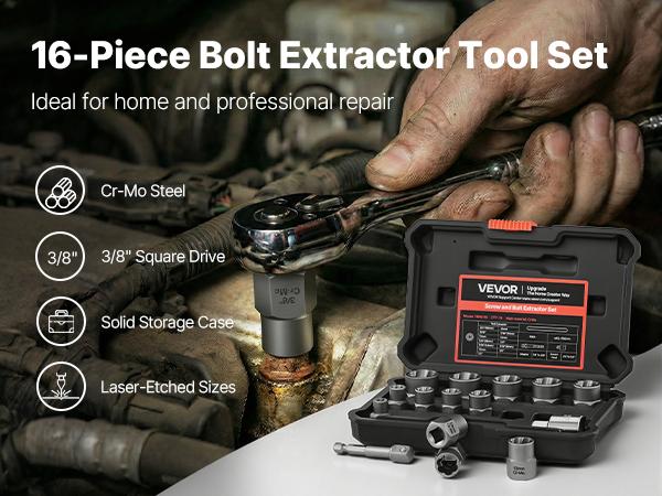 VEVOR Bolt Extractor Kit, 16 Pieces Impact Bolt Nut Remover Set with Adapters and Pin Punch, Solid Storage Case, Cr-Mo Steel for Removing Damaged, Rusted, Stripped, Rounded Bolts, Nuts and Screws