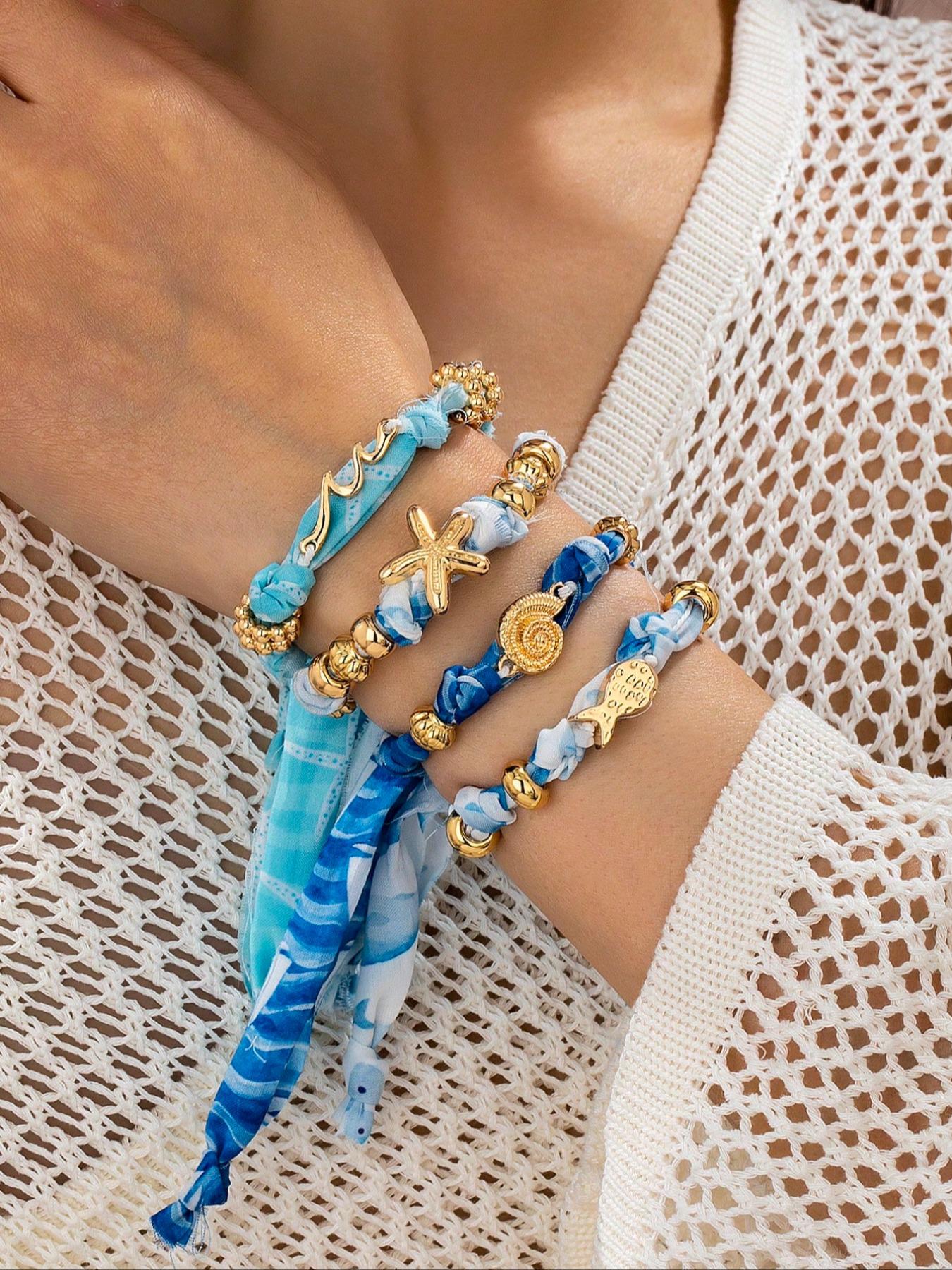 4 Pcs Bohemian Style Ocean Element Bracelet Set, Featuring Starfish Fish Decorations, Perfect for Vacation Jewelry Accessories