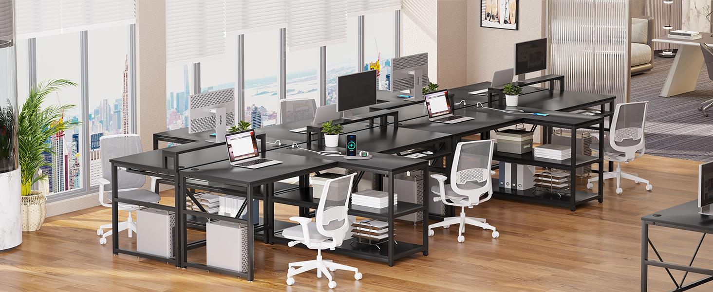 94.5 Inch Office Computer Desk 2 Person Gaming Desk with Storage LED Lights Keyboard Tray Power Strip with USB & Monitor Stand