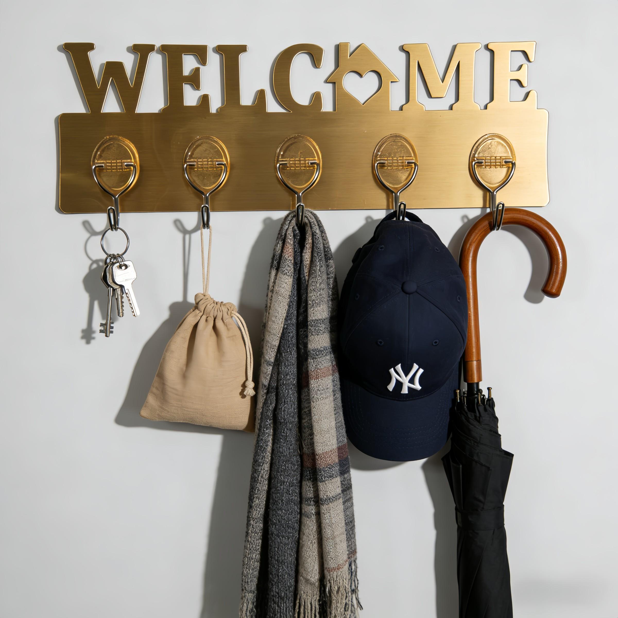 Wall-Mounted Key Holder Set, Gold &, 5 Hooks Per Unit, No-Drill Installation, Ideal for Keys, Dog Leashes, Towels, Medals, Necklaces