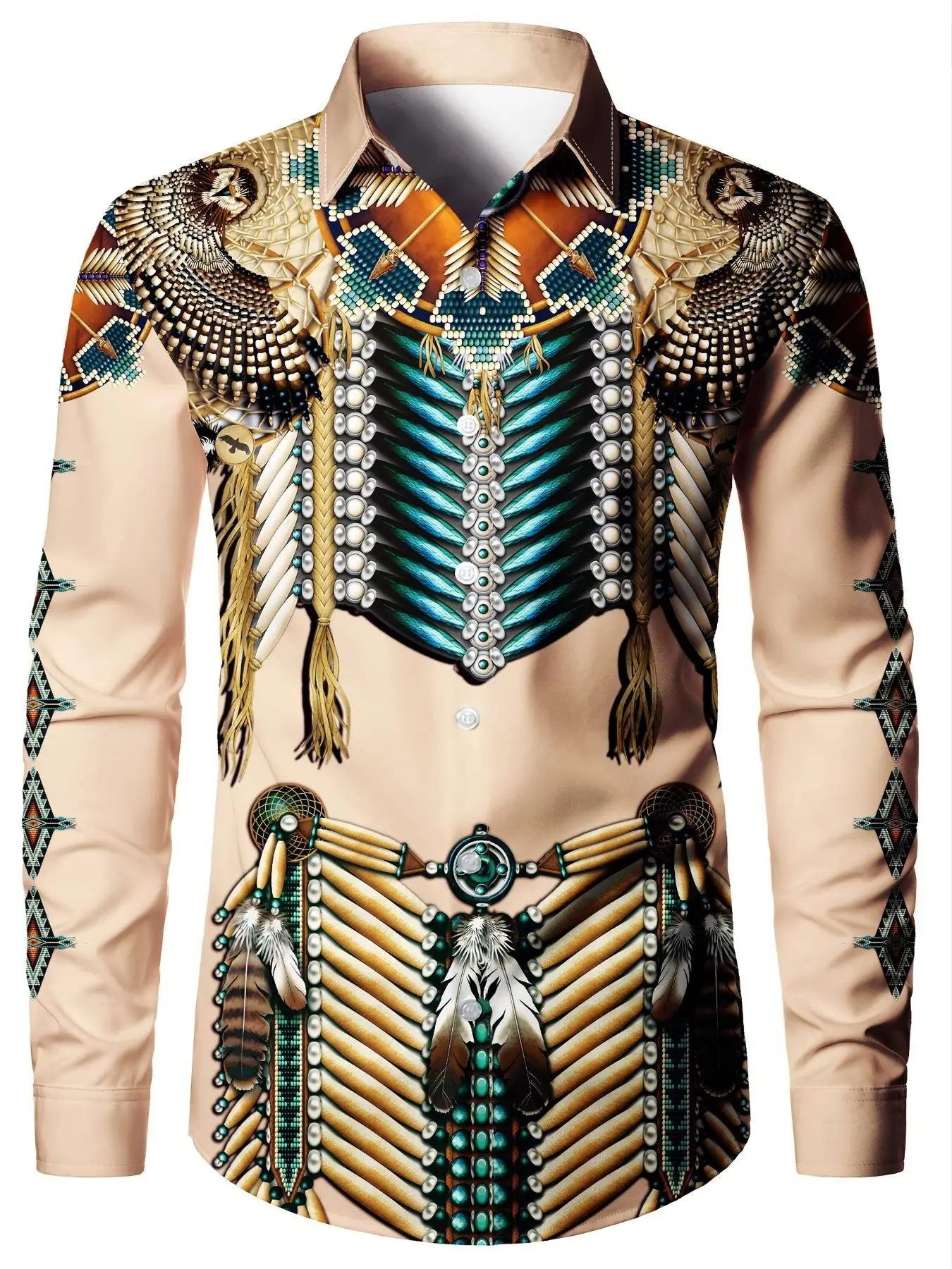 Men's Tribal Paisley Ethnic Cultural Long Sleeve Casual Shirt, Polyester Fabric, All-Season Wear, Regular Fit, Slight Stretch, Button Collar Design
