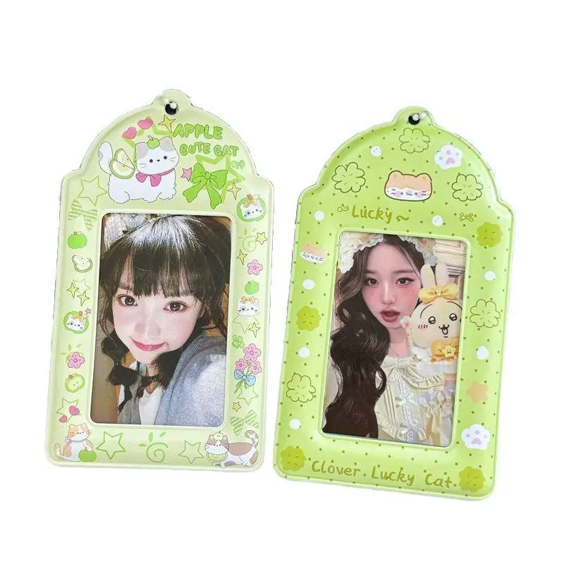 2pcs Cute Cartoon Cat Card Holder Green Tone Ins Style PVC Kpop Idol Photo Storage Pendant