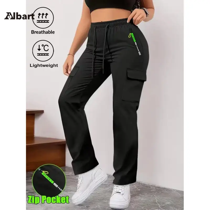 Women's Solid Breathable Cargo Joggers, Drawstring Elastic Waist Multi-Pocket Design, Wear Resistant Loose Casual Long Pants, All-Match Fashion for Sports, Training & Daily Leisure