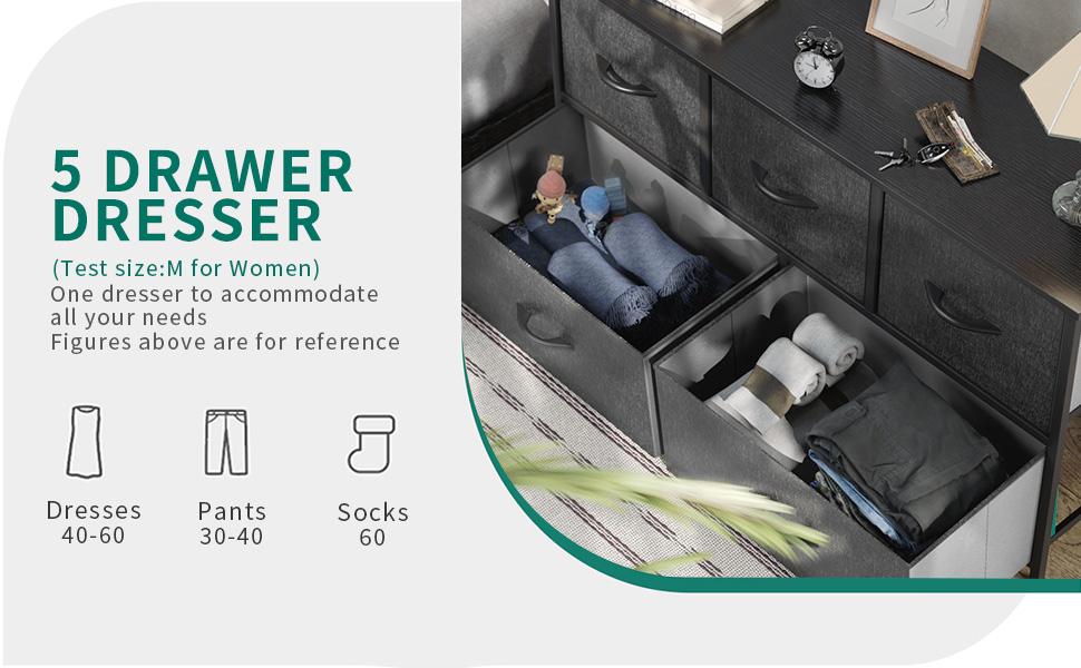 Yitahome Wide Storage Tower with 5 Drawers - Fabric Dresser, Organizer Unit for Bedroom, Living Room, Closets - Sturdy Steel Frame, Easy Pull Fabric Bins & Wooden Top (Black/Grey)
