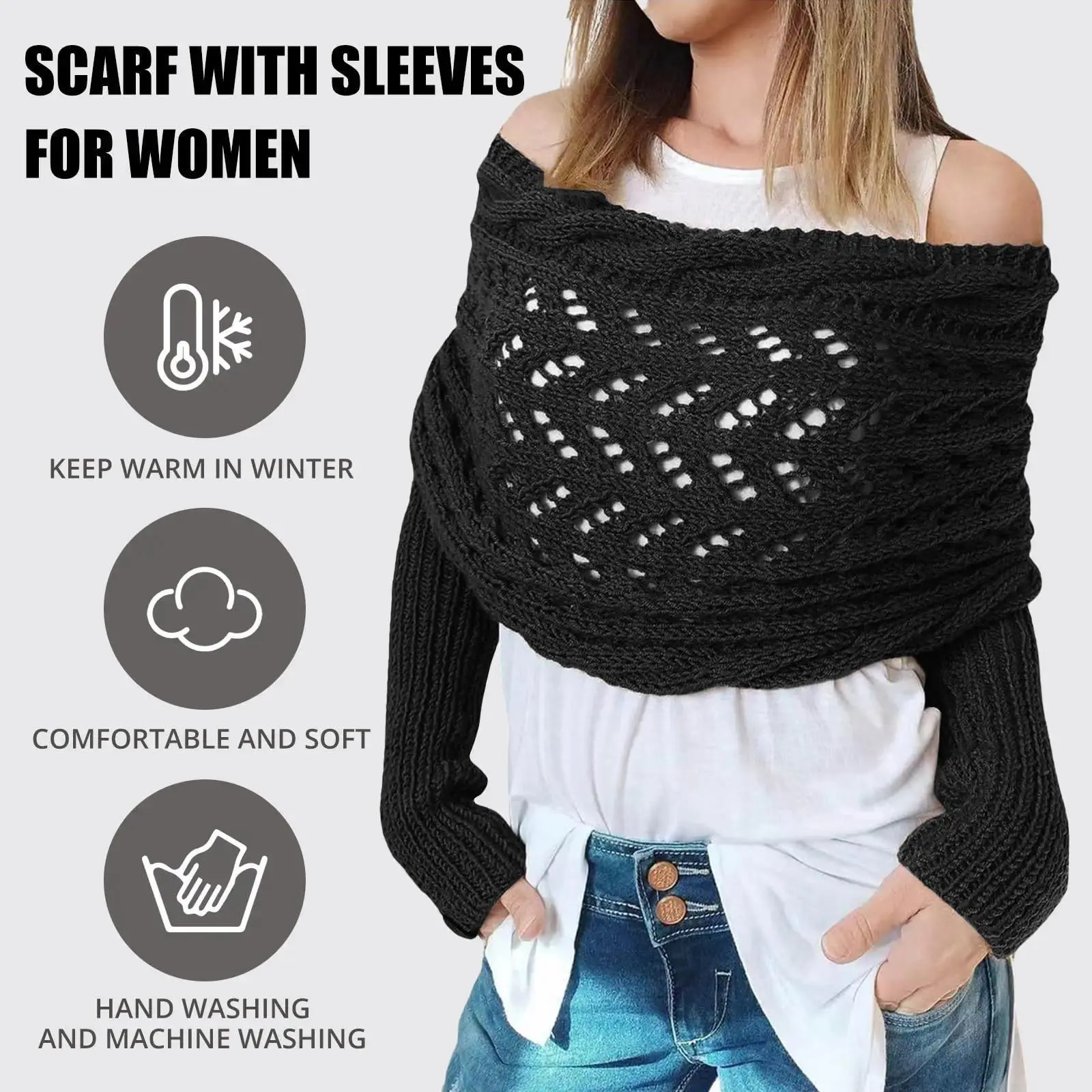 Scarf with Sleeves for Women Shawl Wraps Knitted Cable Crochet Multifunctional Scarf Sweaters with Sleeves