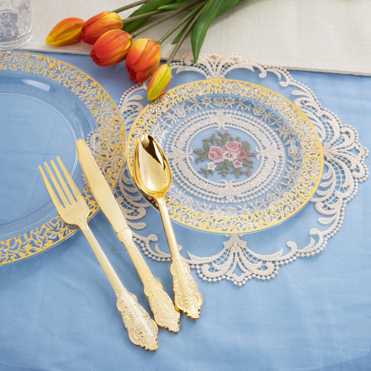 Clear/Gold/Silver/Rose Disposable Plates and Silverware Set: Dinner Plates,Dessert Plates, Cups, Knife, forks, spoons-Perfect for Party