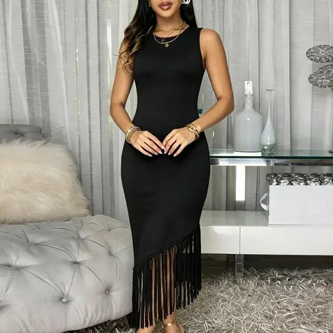 Elegant Women Sleeveless Knit Bodycon Dress, Asymmetrical Fringe Midi Dress, Summer Party Dress for Dance, Date and Home Wear